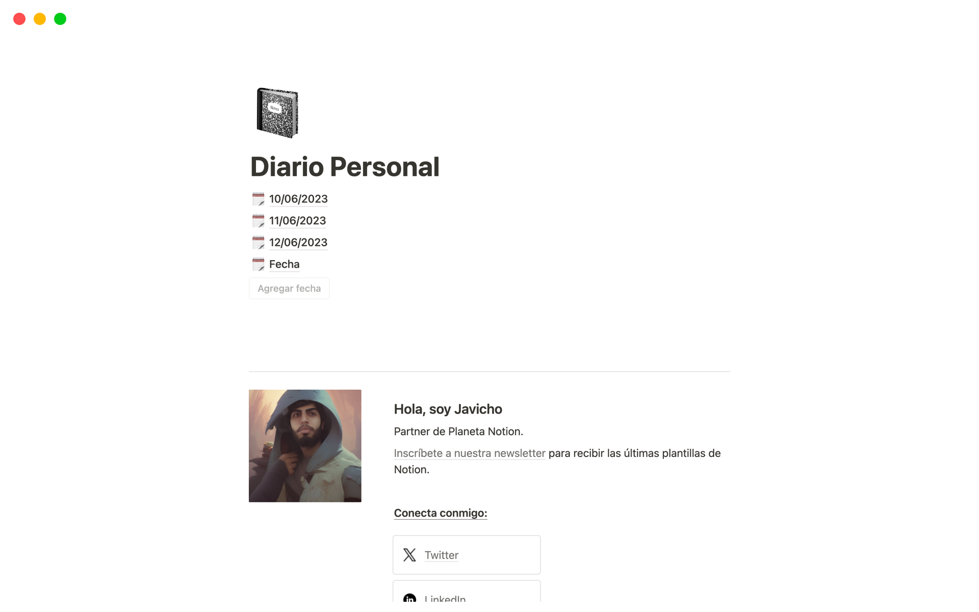 A template preview for Diario Personal