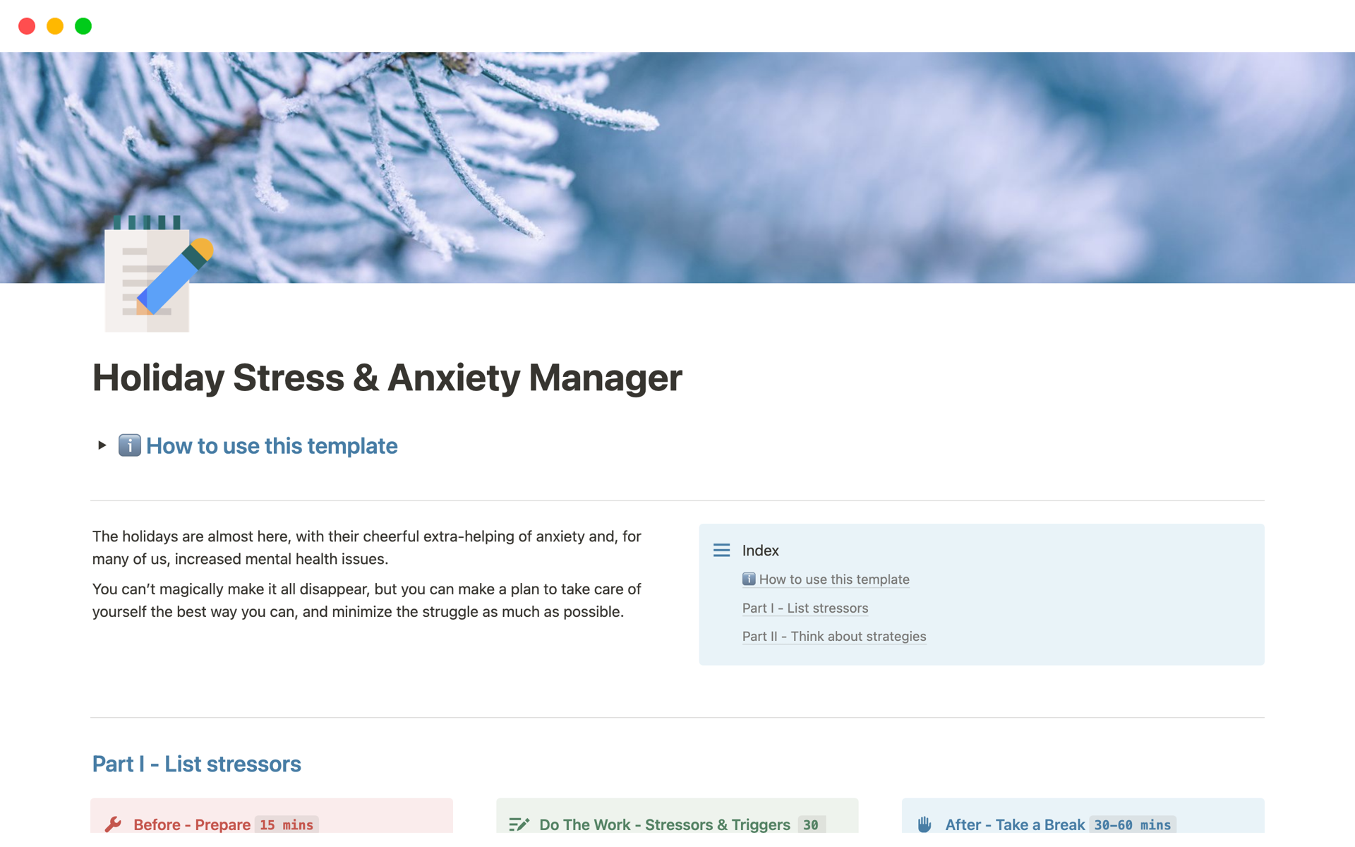 A template preview for Holiday Stress & Anxiety Manager