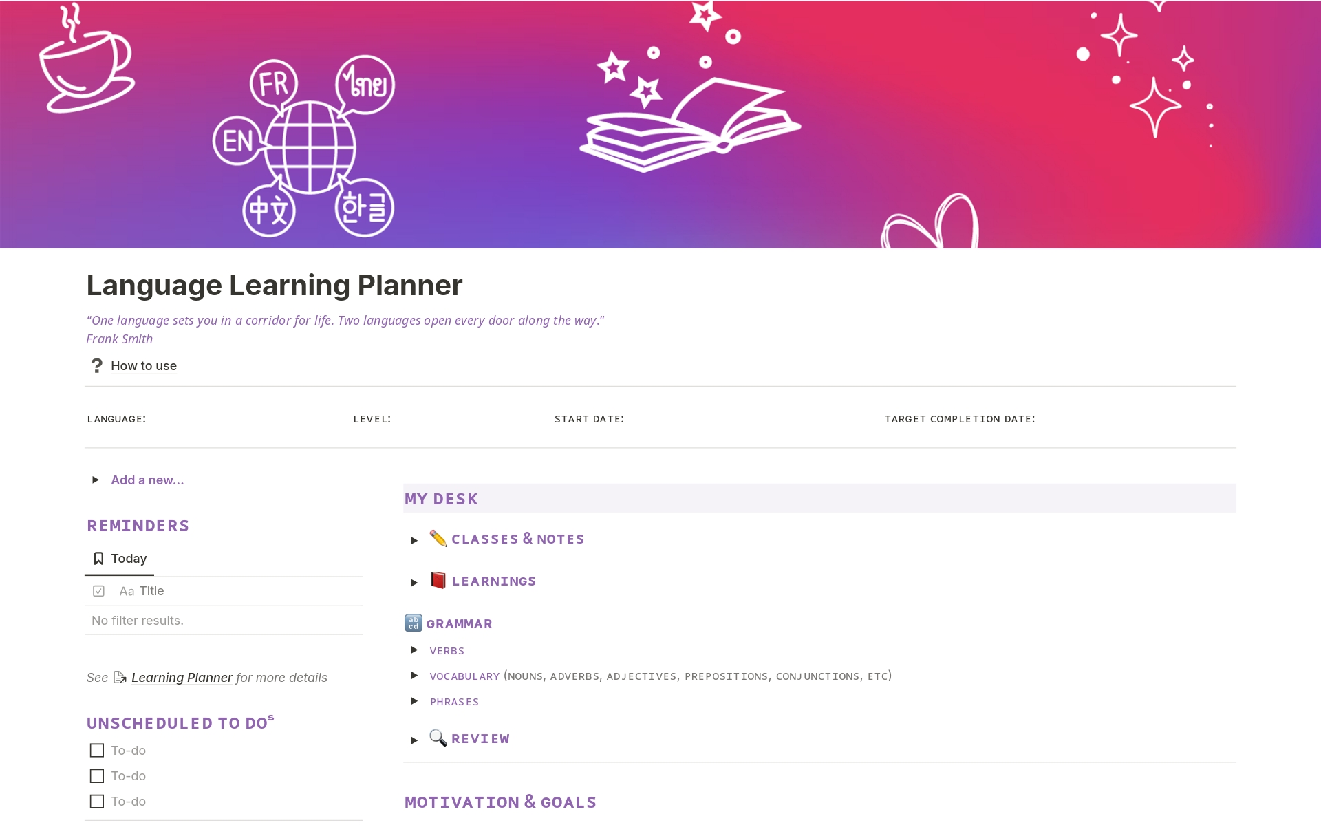 A template preview for Language Learning Planner