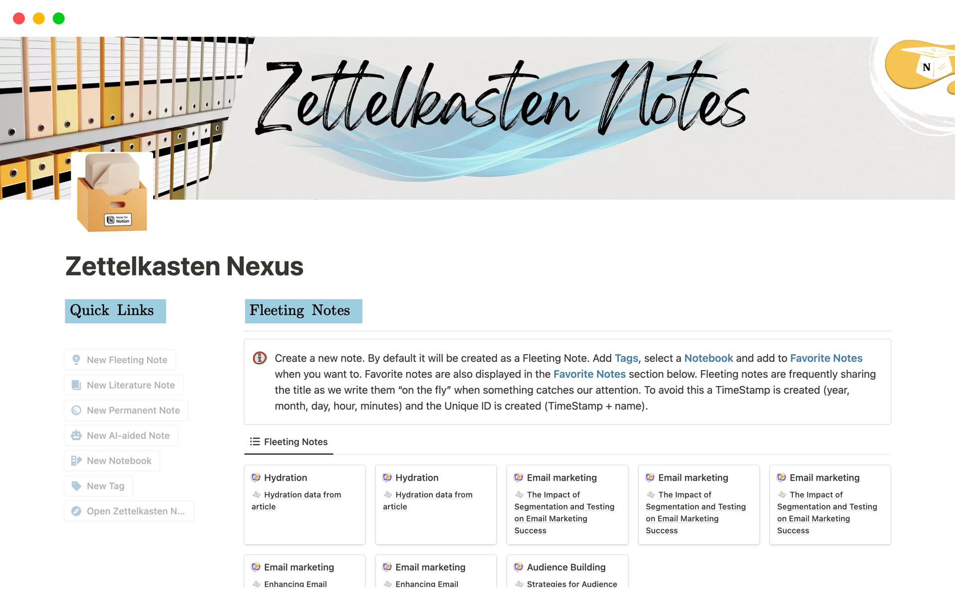 A template preview for Zettelkasten Nexus