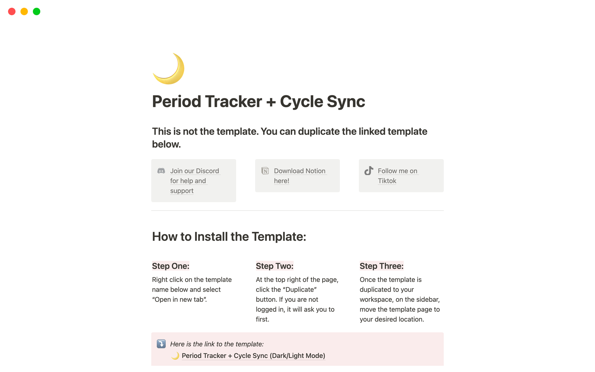 A template preview for Period Tracker and Cycle Sync