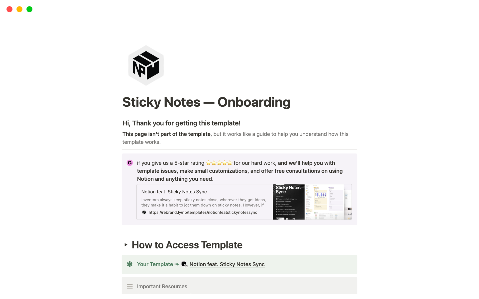 A template preview for Sticky Notes Sync