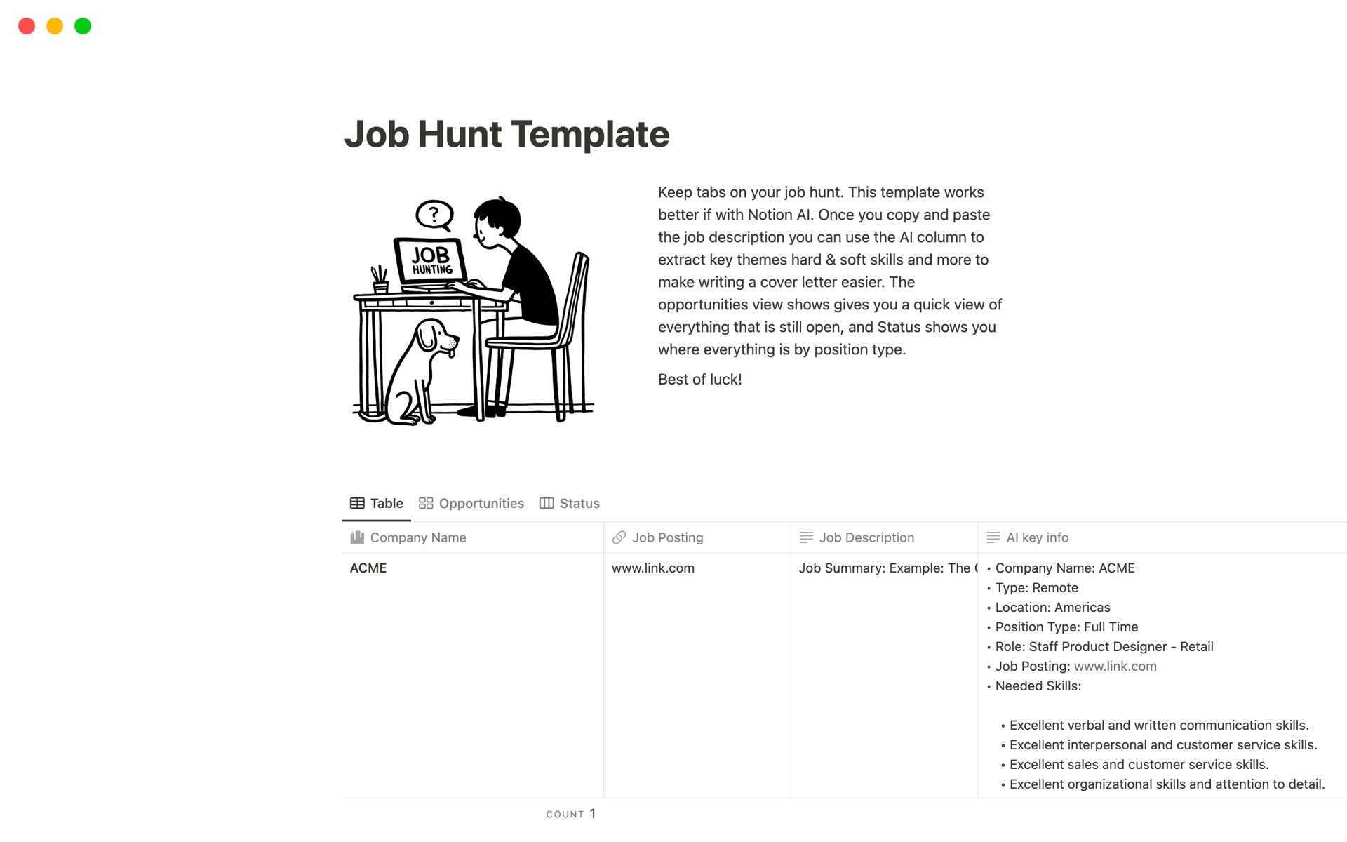 A template preview for Job Hunt