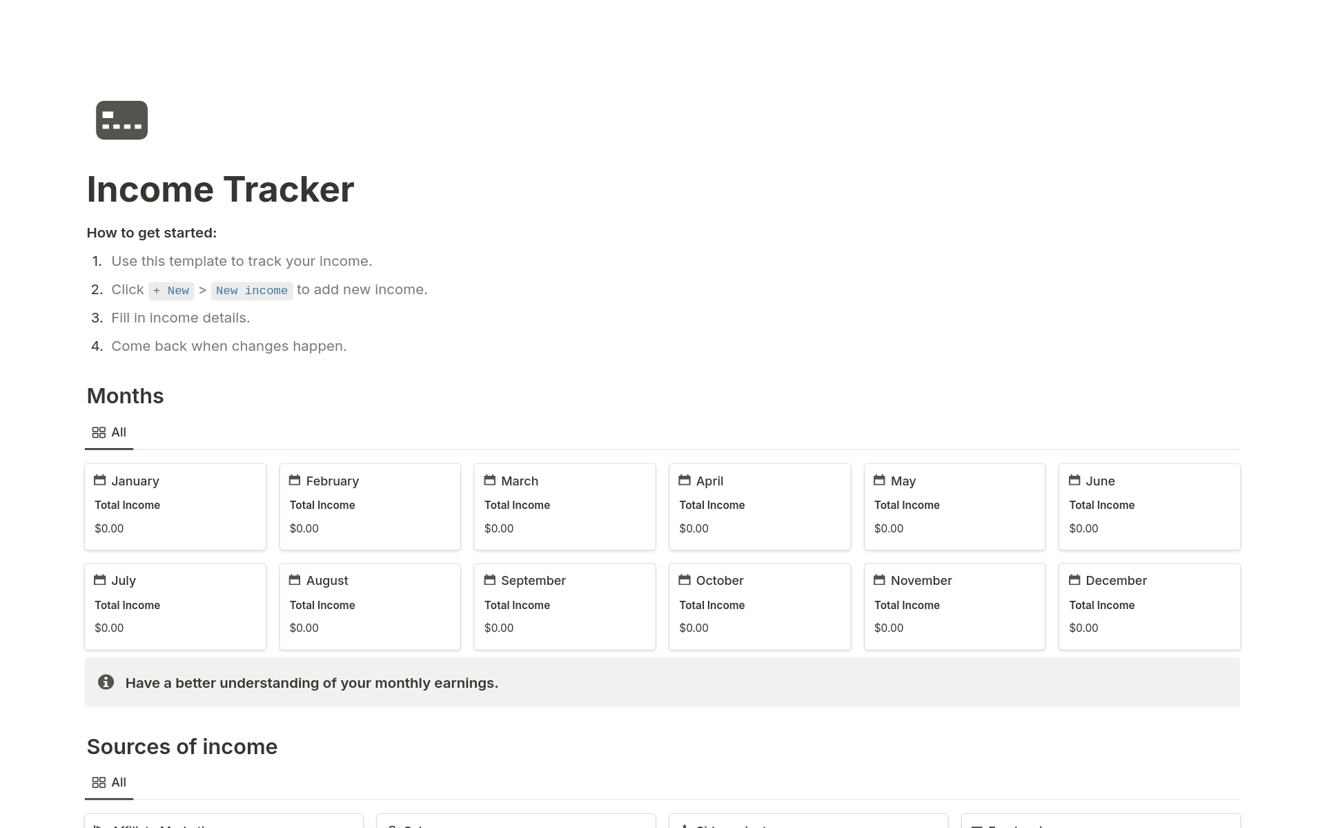 A template preview for Income Tracker