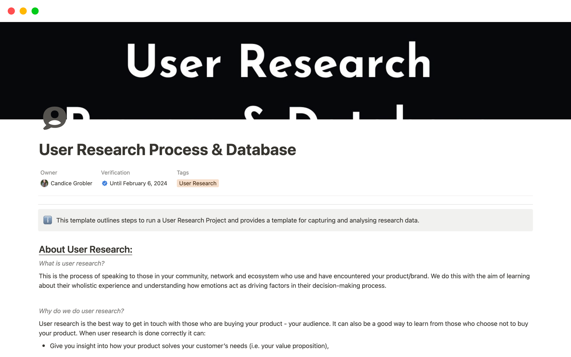 A template preview for User Research Database