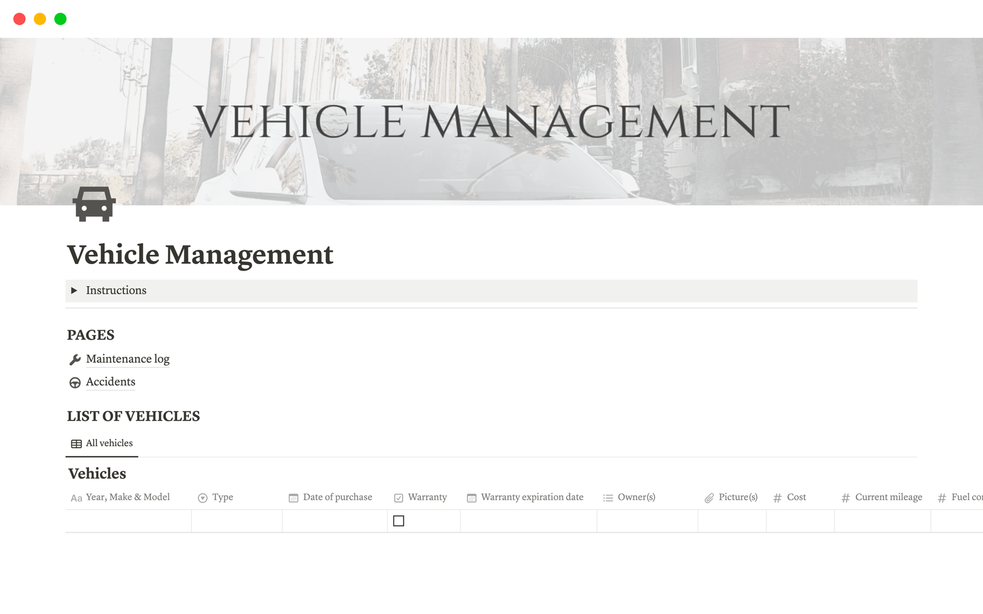 A template preview for Vehicle Management