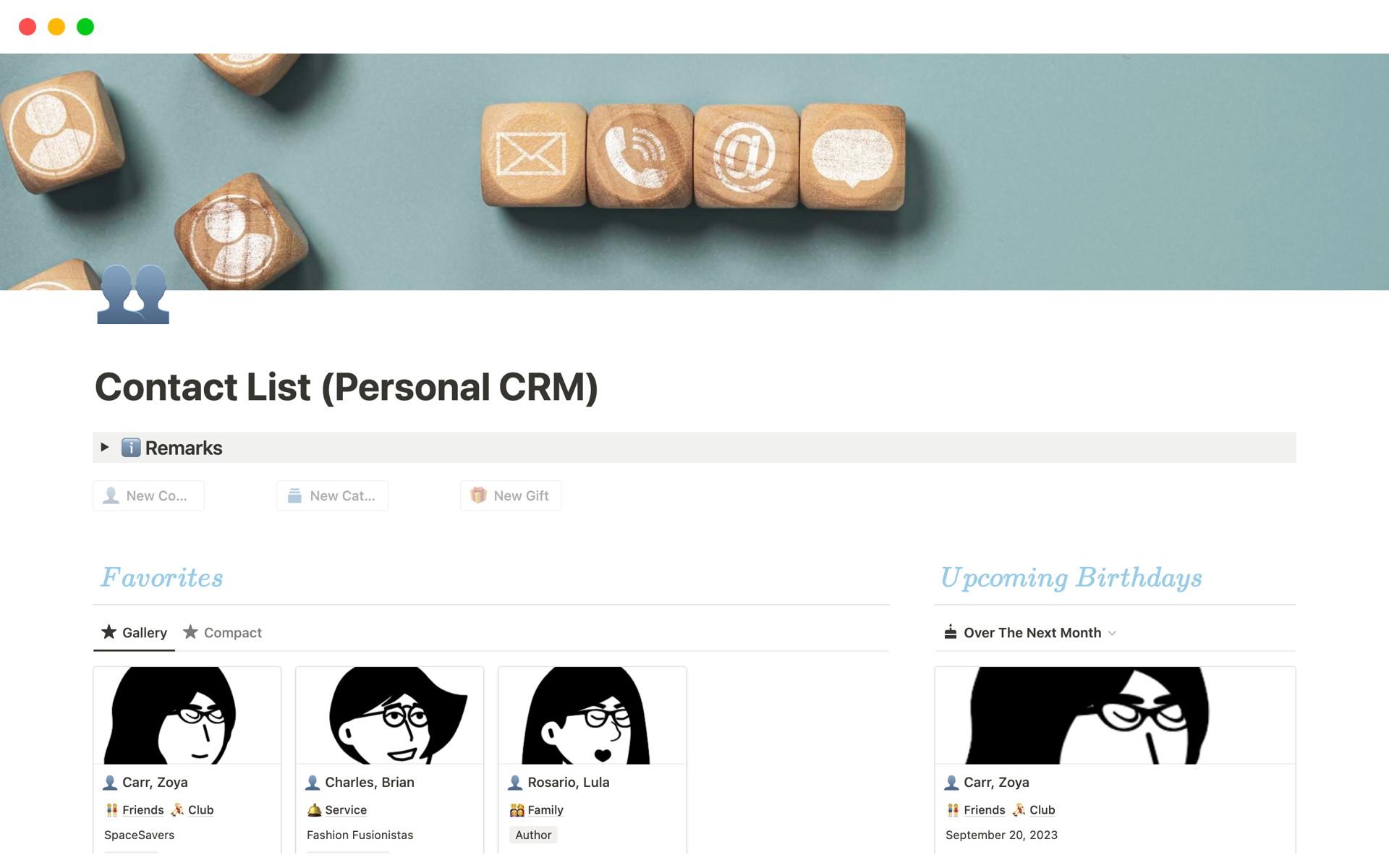 A template preview for Contact List (Personal CRM)