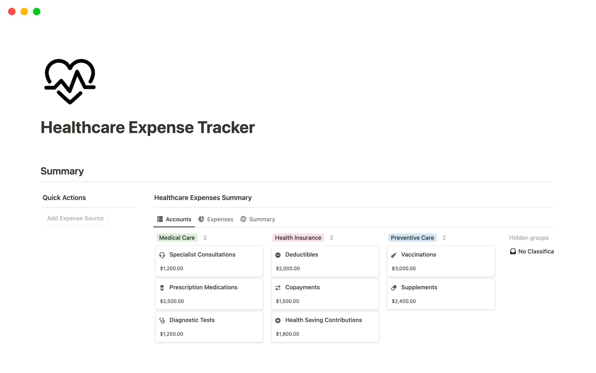 Eine Vorlagenvorschau für Healthcare Expense Tracker