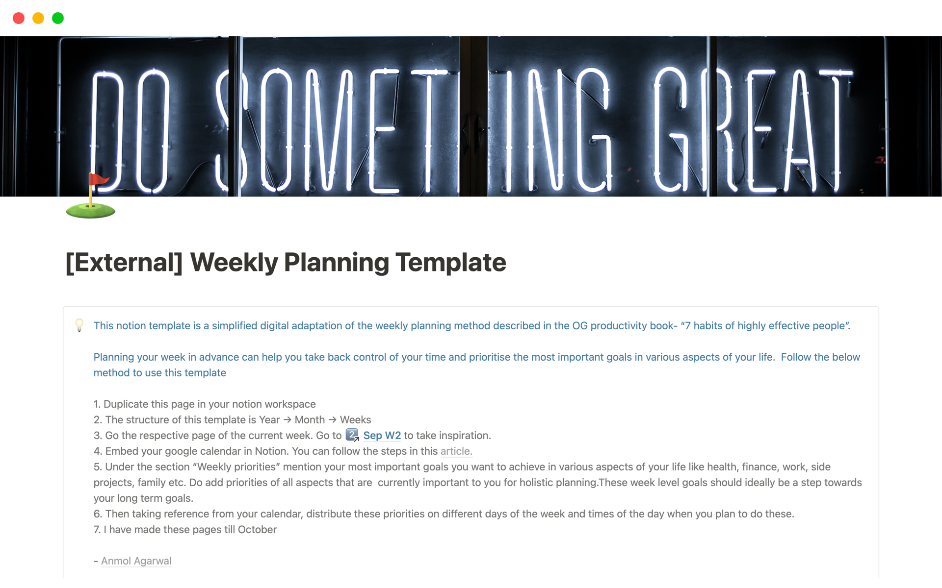 This notion template is a simplified digital adaptation of the weekly planning method described in the OG productivity book- “7 habits of highly effective people”. 