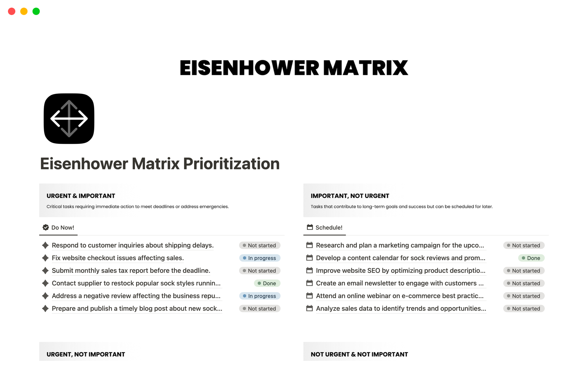 A template preview for Eisenhower Matrix Prioritization