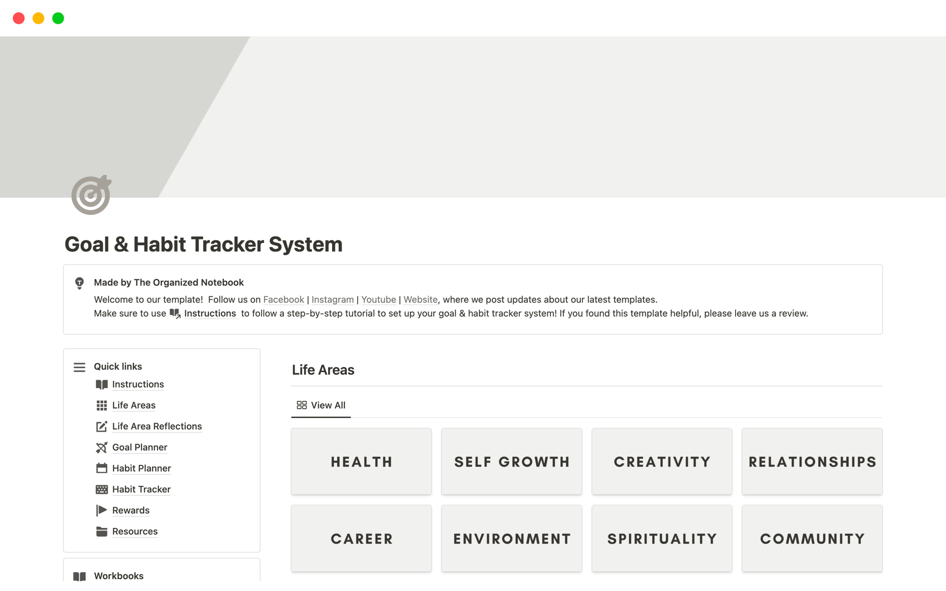 This is an all-in-one solution for tracking and creating habits and goals. We wanted to create a seamless system from your broad life areas (relationships, health, career, etc) and take you through goals and ultimately habit planning and tracking!