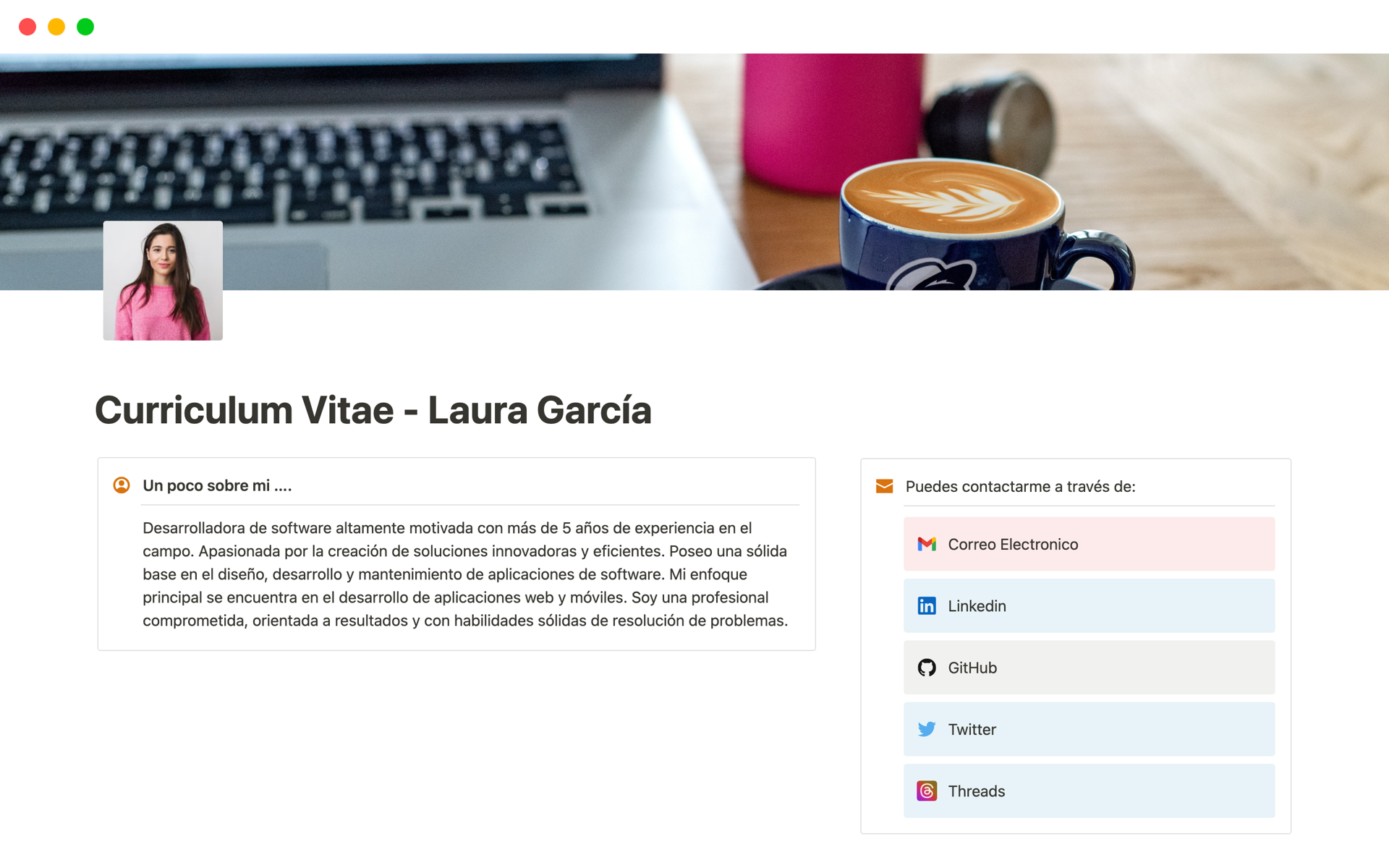 Vista previa de una plantilla para Curriculum Vitae - Laura García
