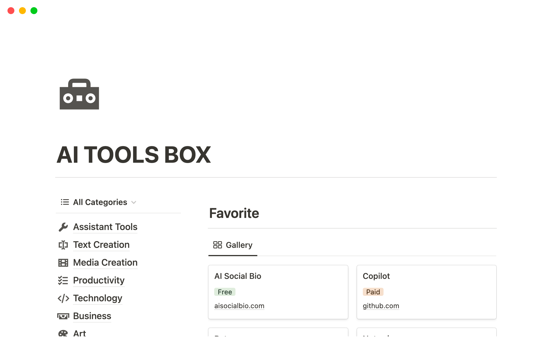 A template preview for AI Tool Box