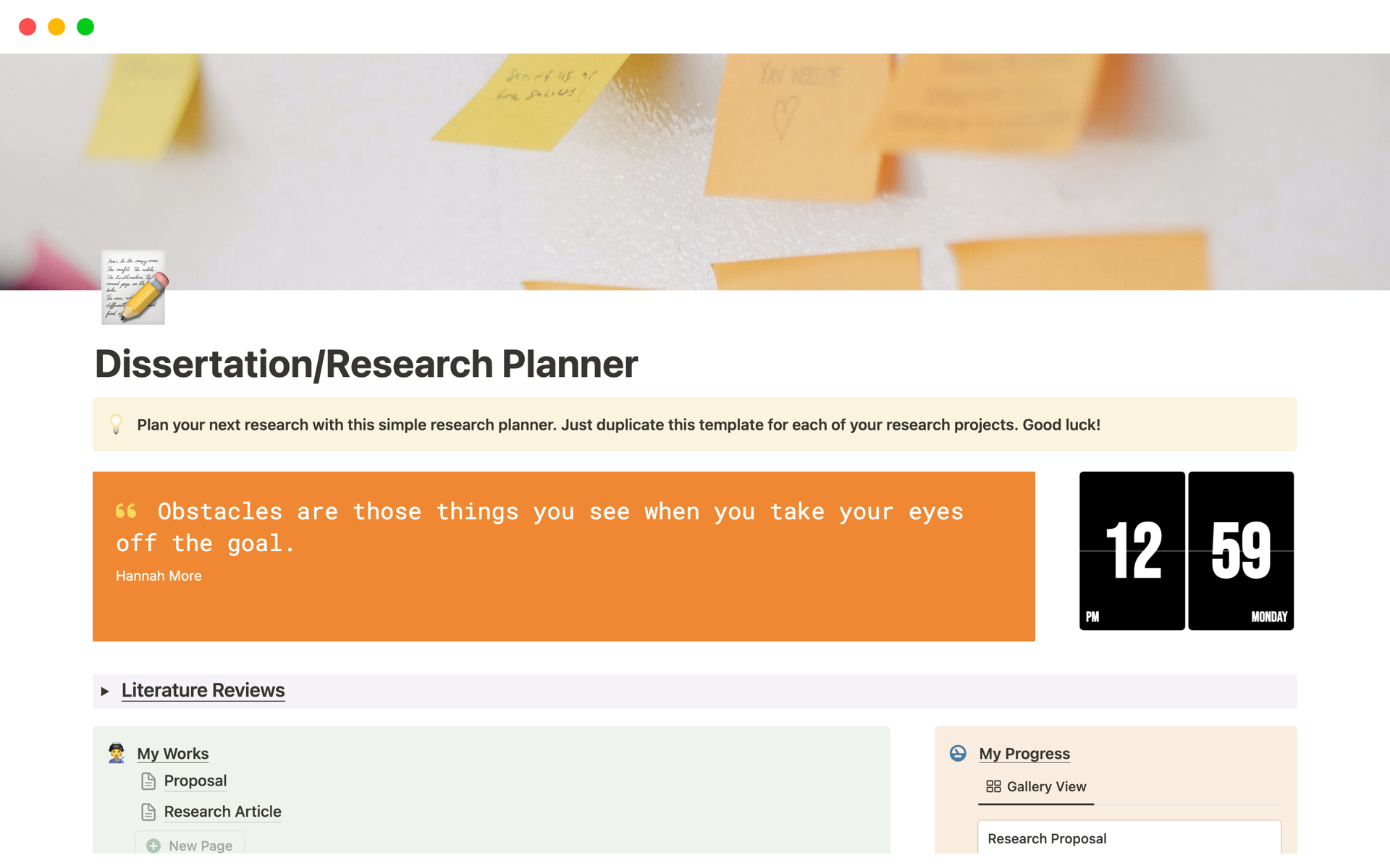 Vista previa de una plantilla para Dissertation/Research Planner