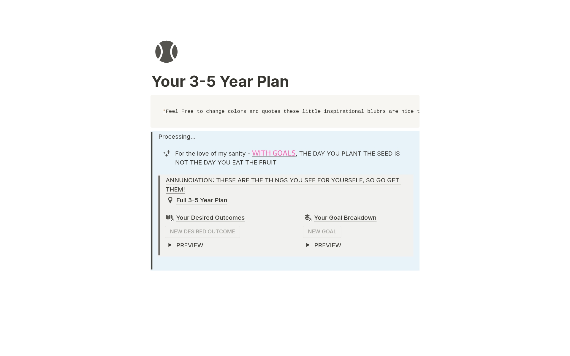 A template preview for Life Planning