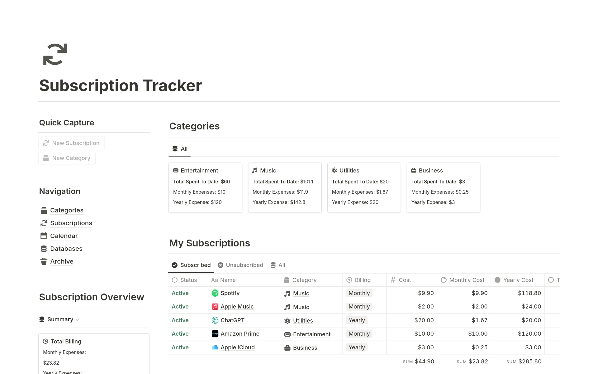 Ever wonder why your monthly expenses stay high with limited services? Our Subscription Tracker has
The template keeps tabs on all your subscriptions, lets you visualise average monthly and yearly costs, and identifies active and unused subscriptions.
