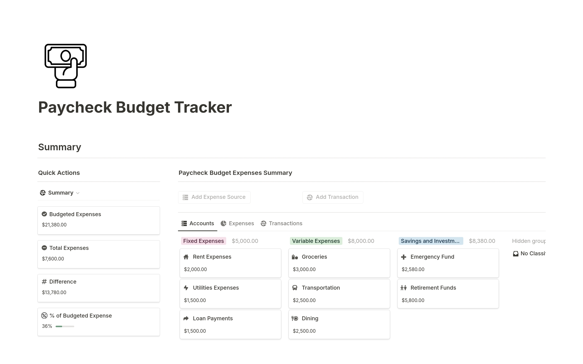 Vista previa de una plantilla para Paycheck Budget Tracker