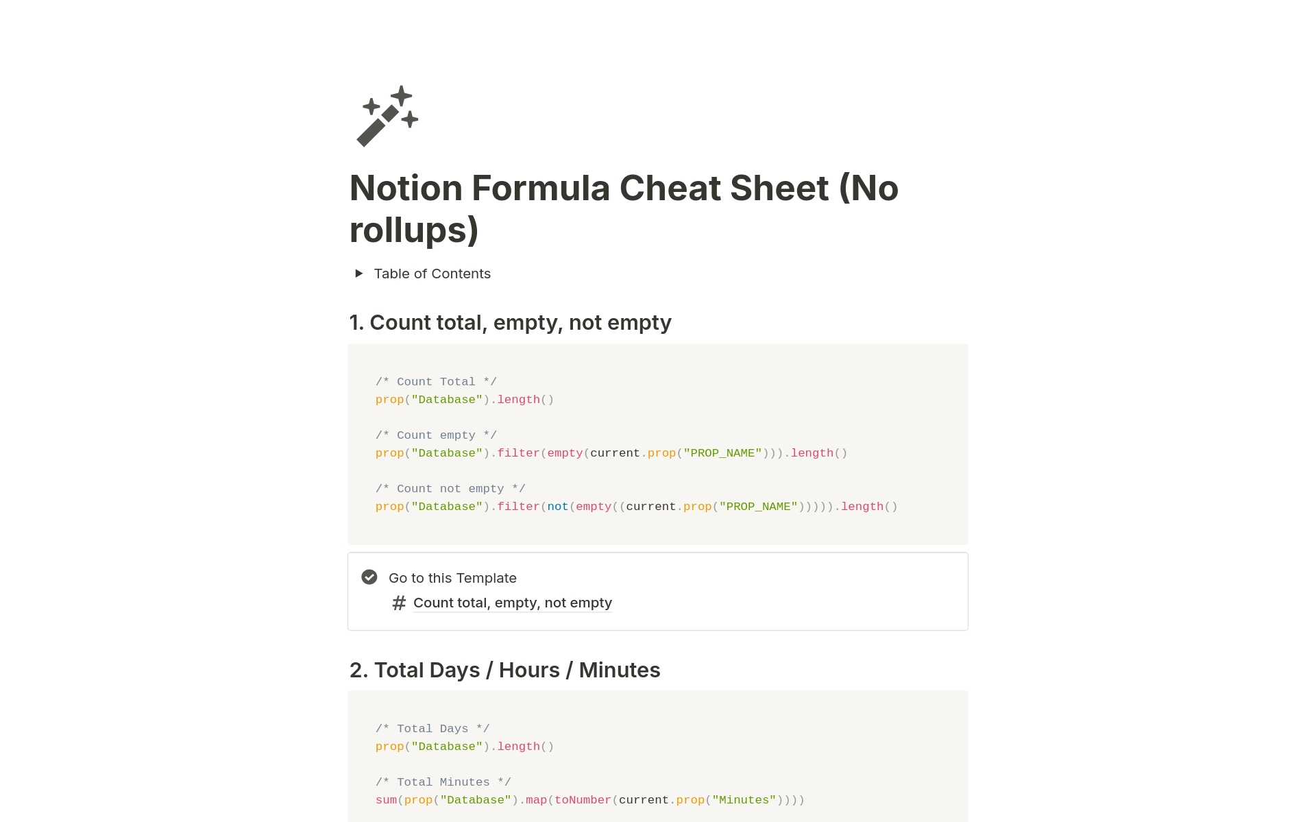Notion Formula Cheat Sheetのテンプレートのプレビュー