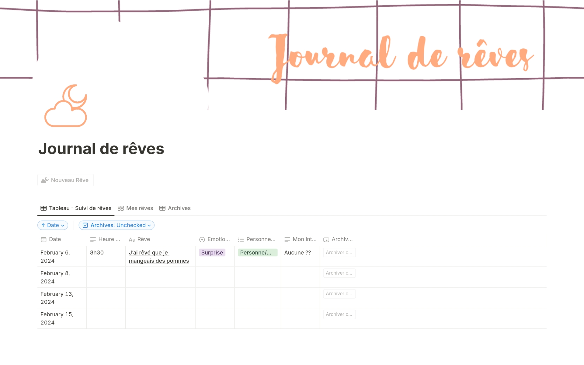 A template preview for Journal de rêves