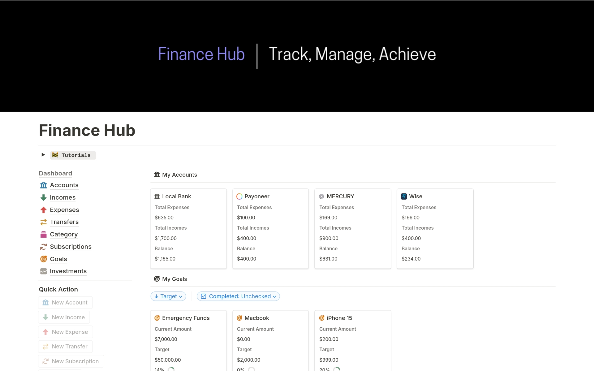 A template preview for Finance Hub (Advanced)