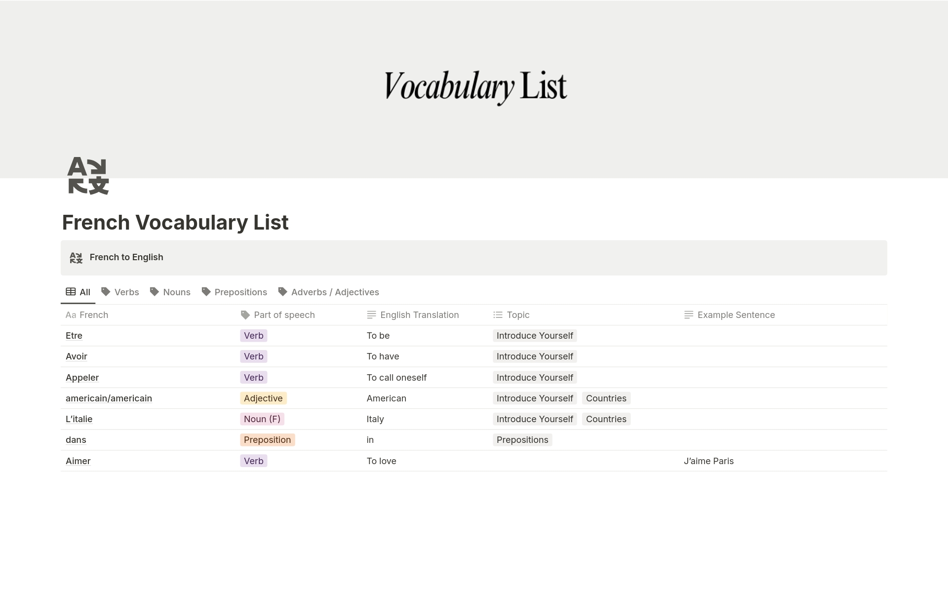 A template preview for French Vocabulary List & Verb Conjugation
