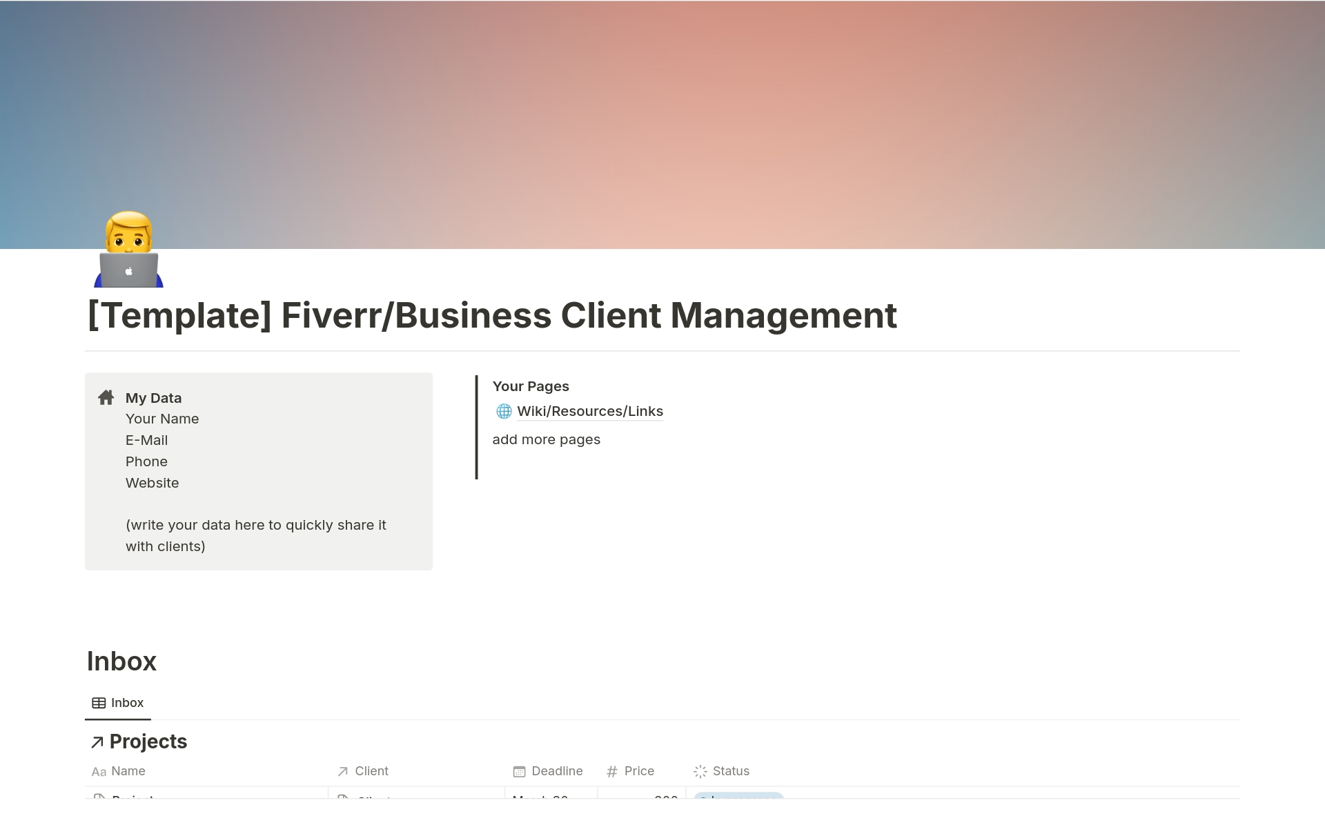 Eine Vorlagenvorschau für Fiverr / Freelancer Project and Client Management 