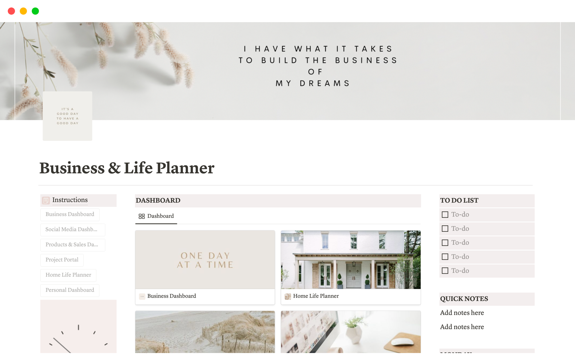 A template preview for Notion Business & Family Life Planner 