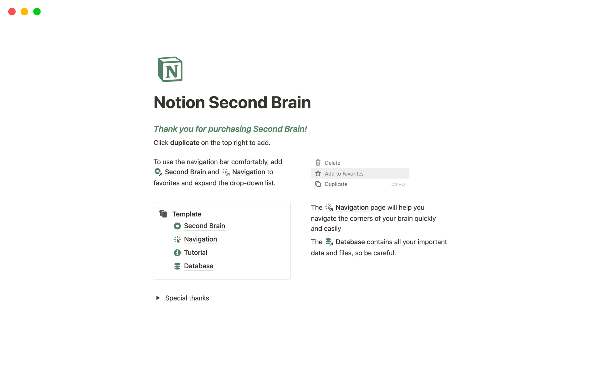 A template preview for Second Brain