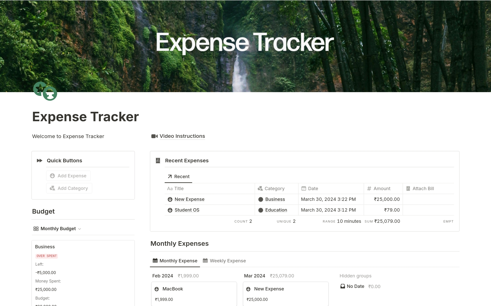Uma prévia do modelo para Expense Tracker