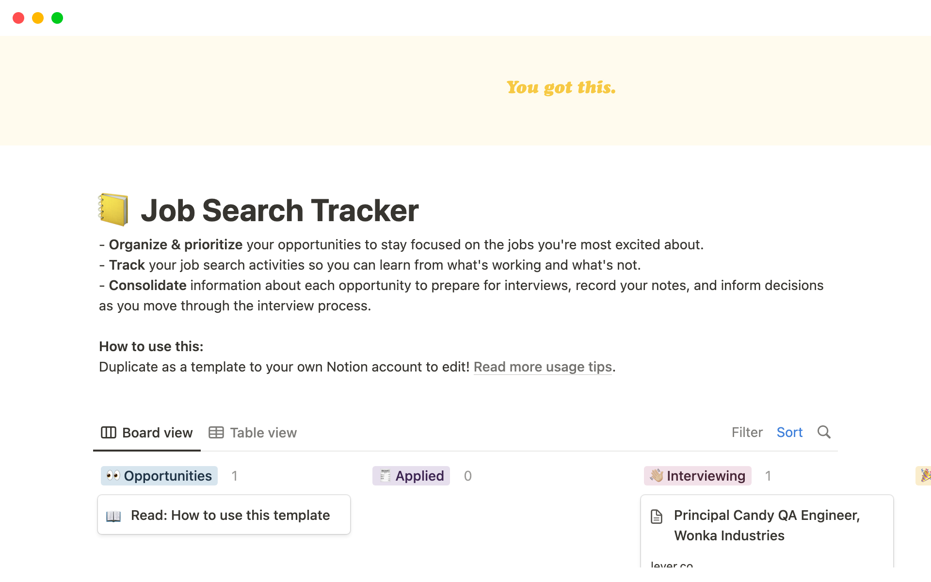 Eine Vorlagenvorschau für Job Search Tracker