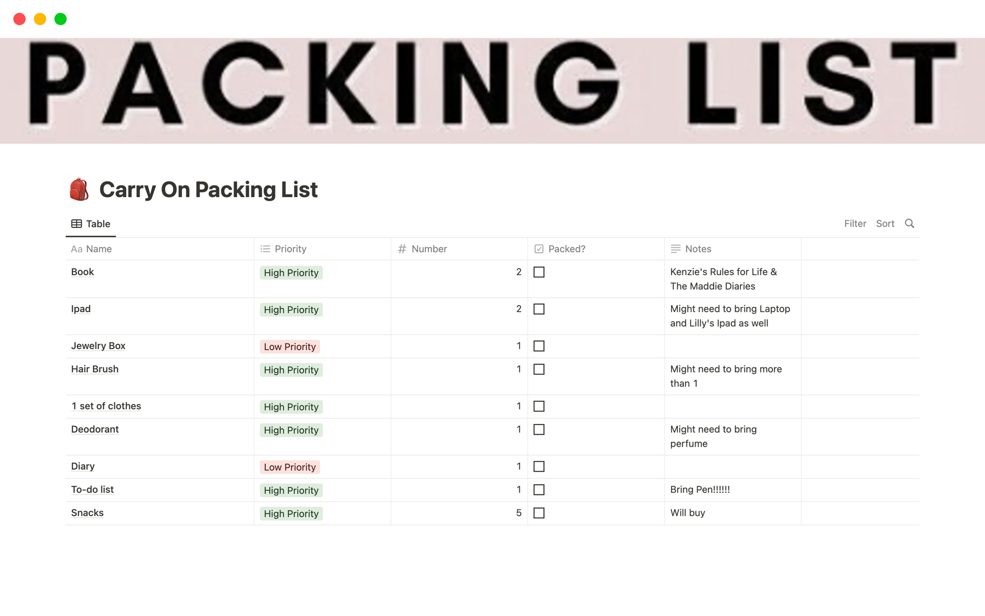 Eine Vorlagenvorschau für Carry on Packing List