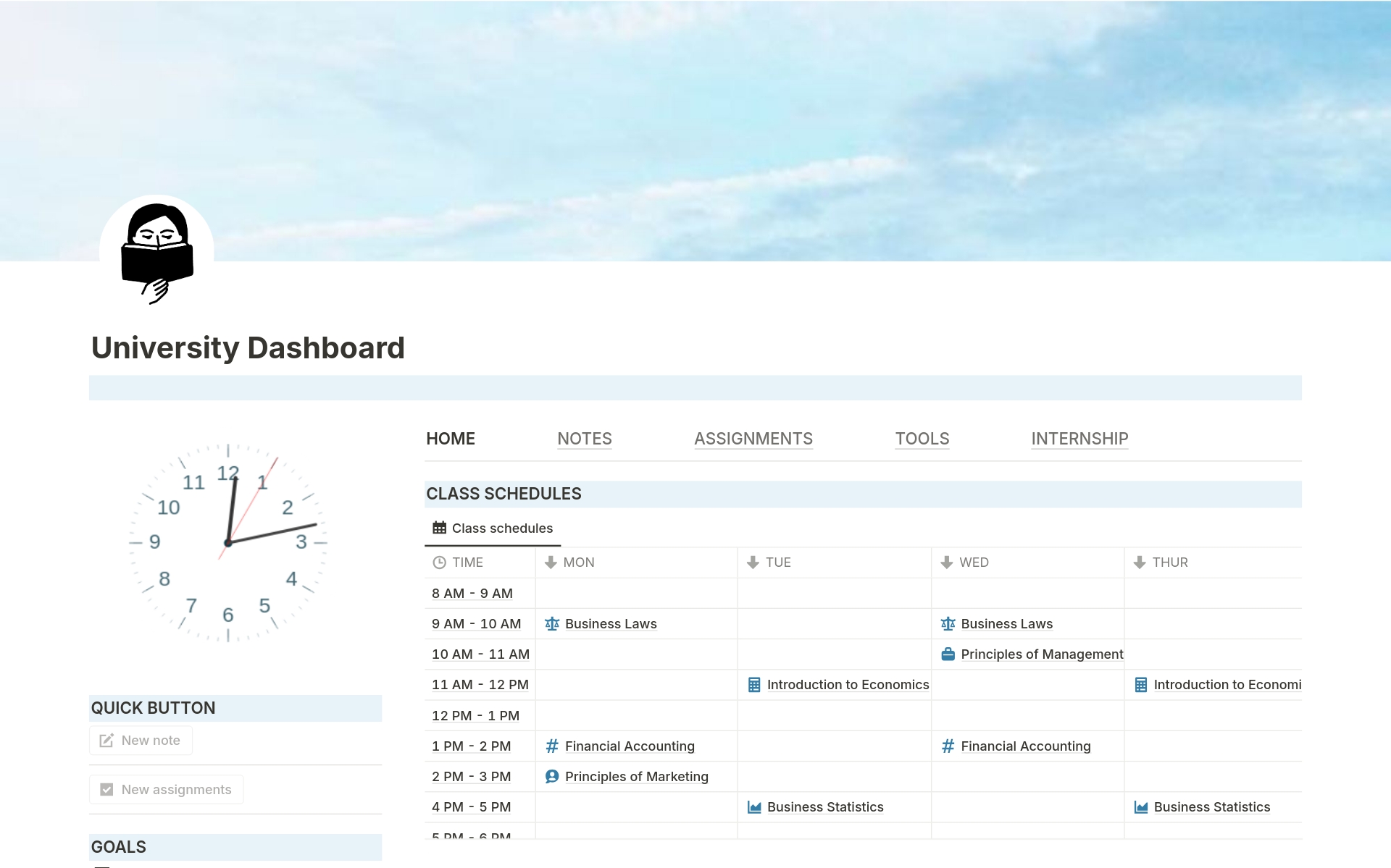 Simplify your university schedules and assignments with Aesthetic Blue University Dashboard, specially designed to make your student life easier.