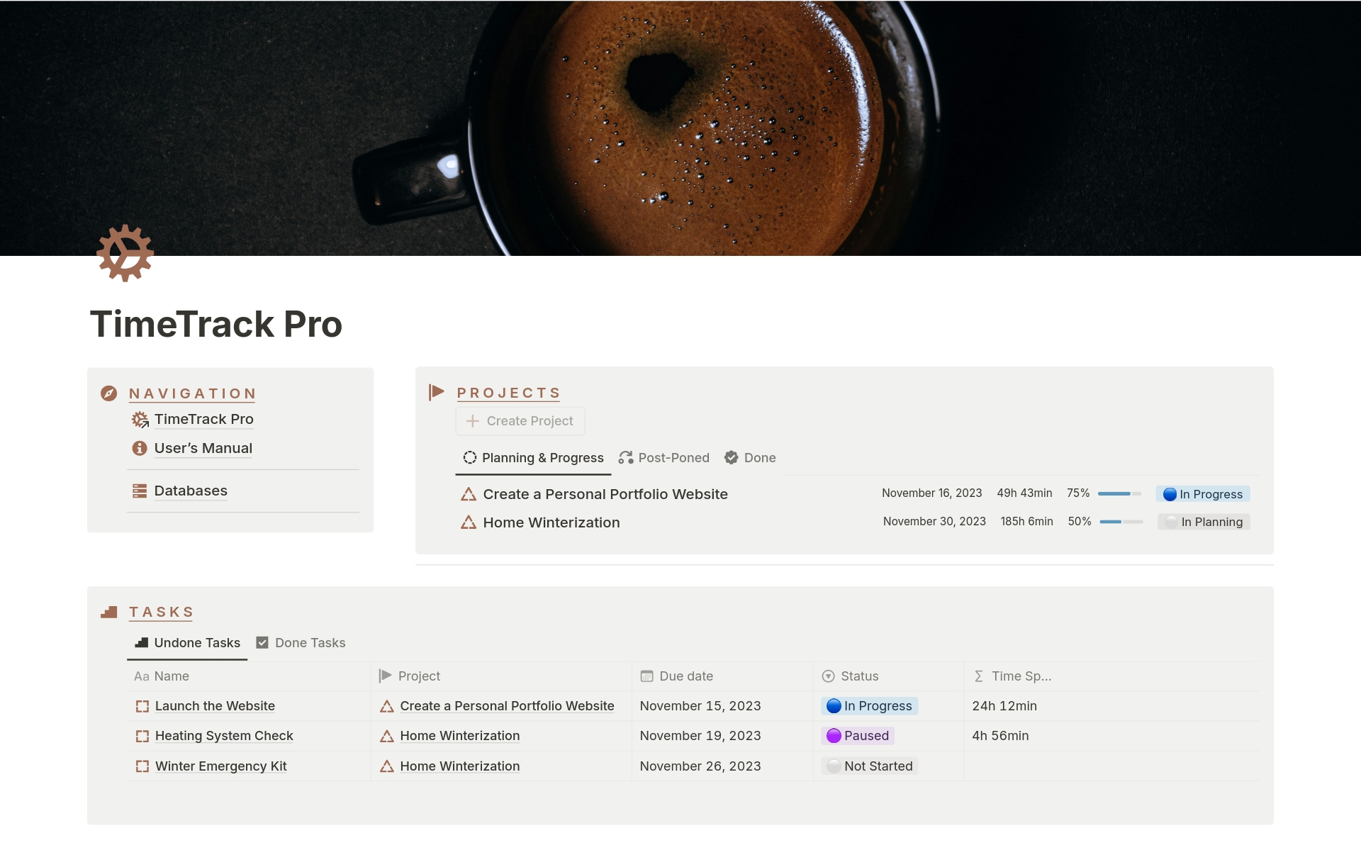 A template preview for TimeTrack Pro: Project Management & Time Tracking