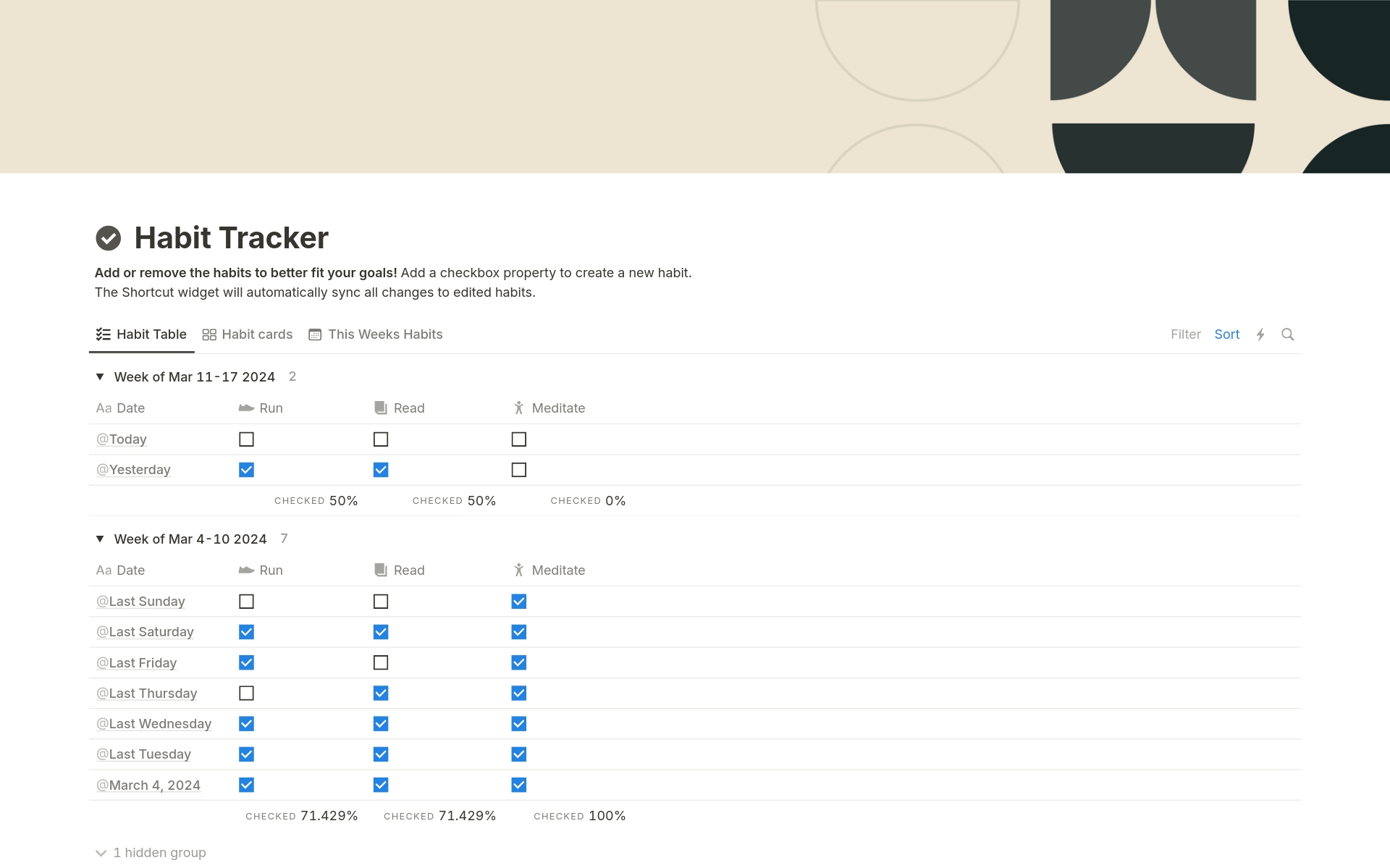 En forhåndsvisning av mal for Habit Tracker (Automated)