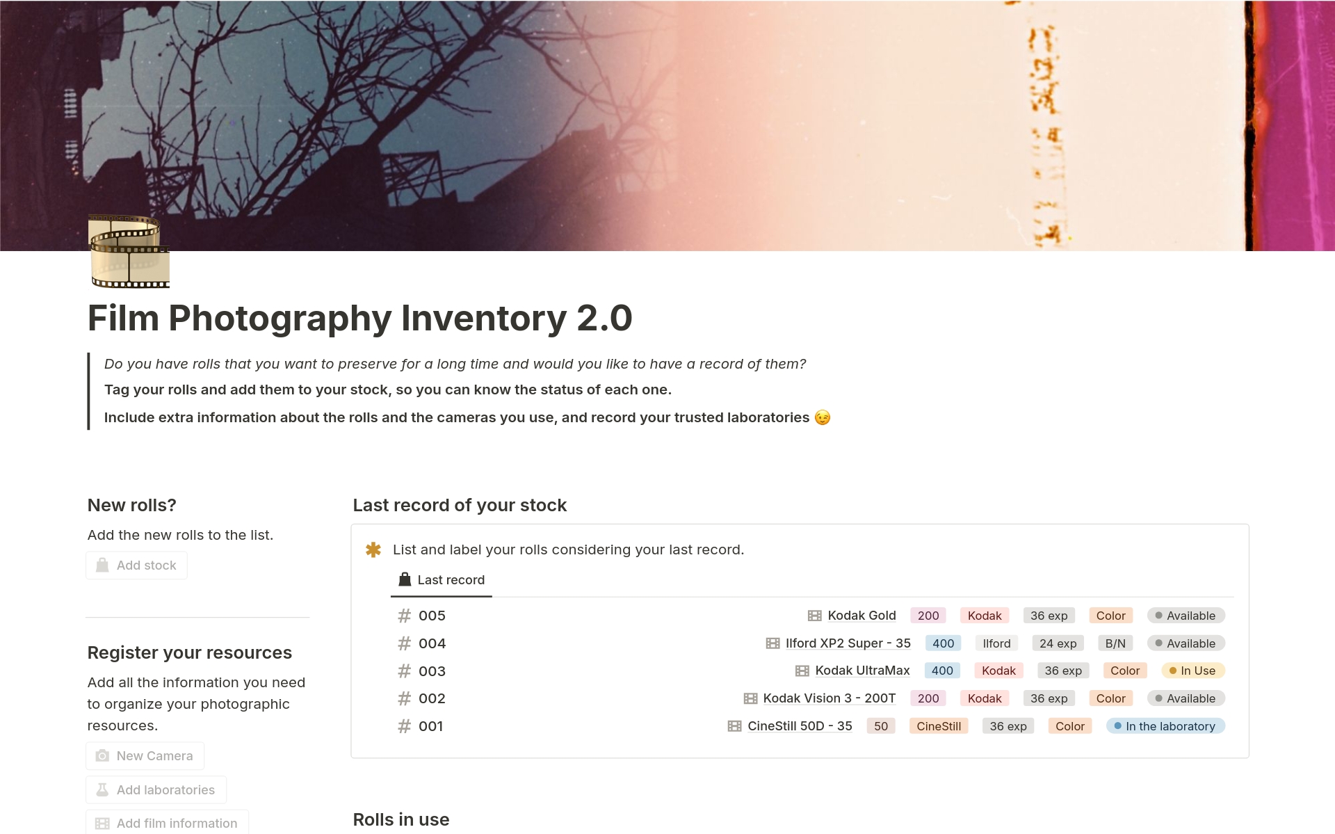 A template preview for Film Photography Inventory 2.0