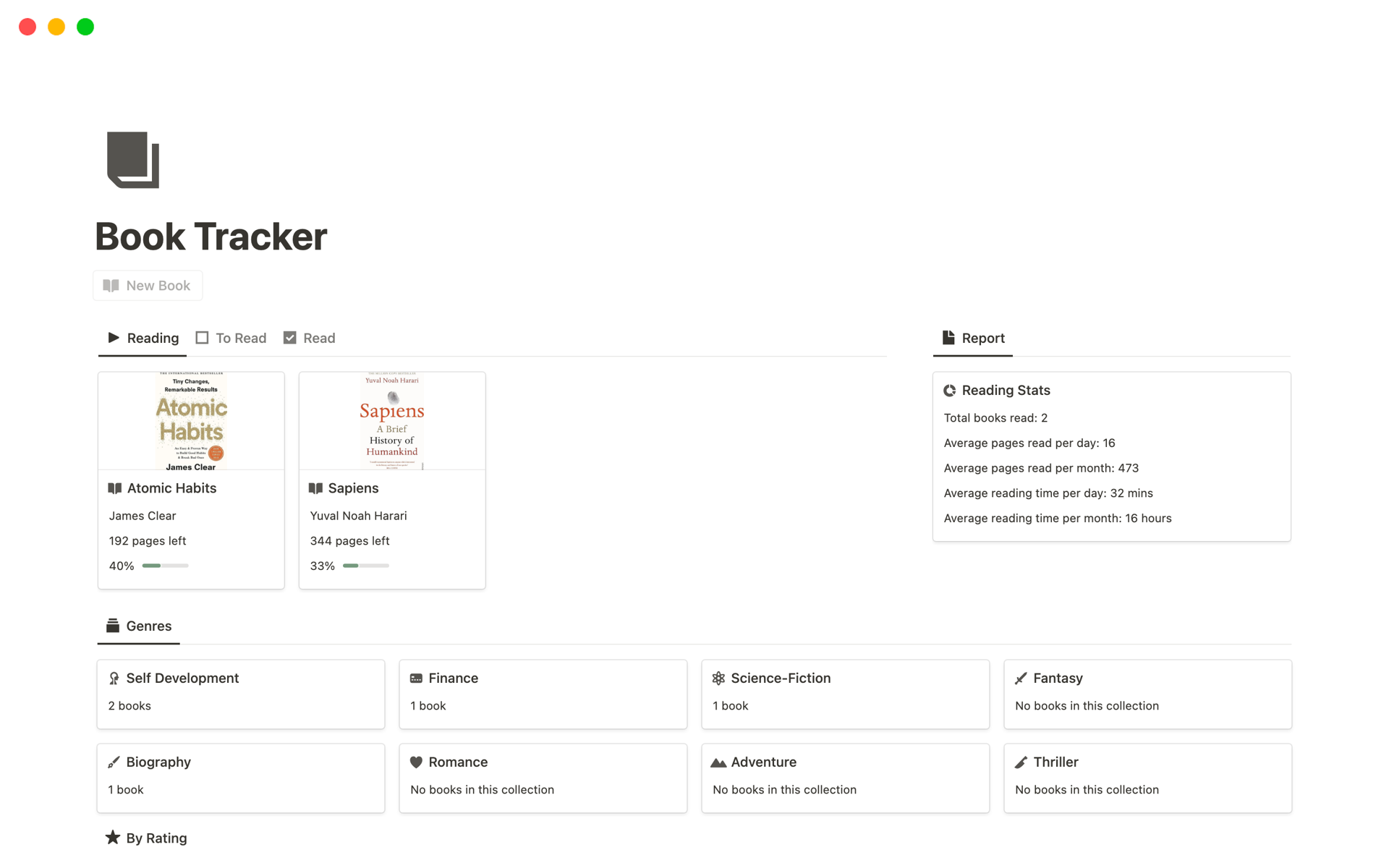 Vista previa de una plantilla para Book Tracker