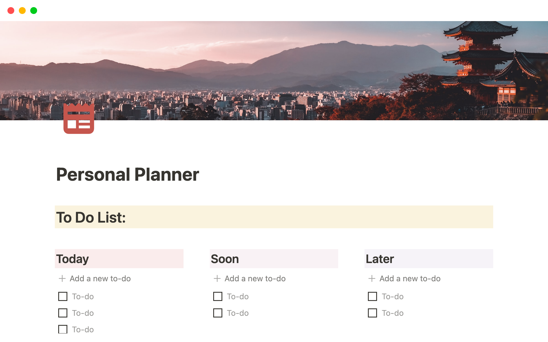 Vista previa de plantilla para Notion Personal Planner Template