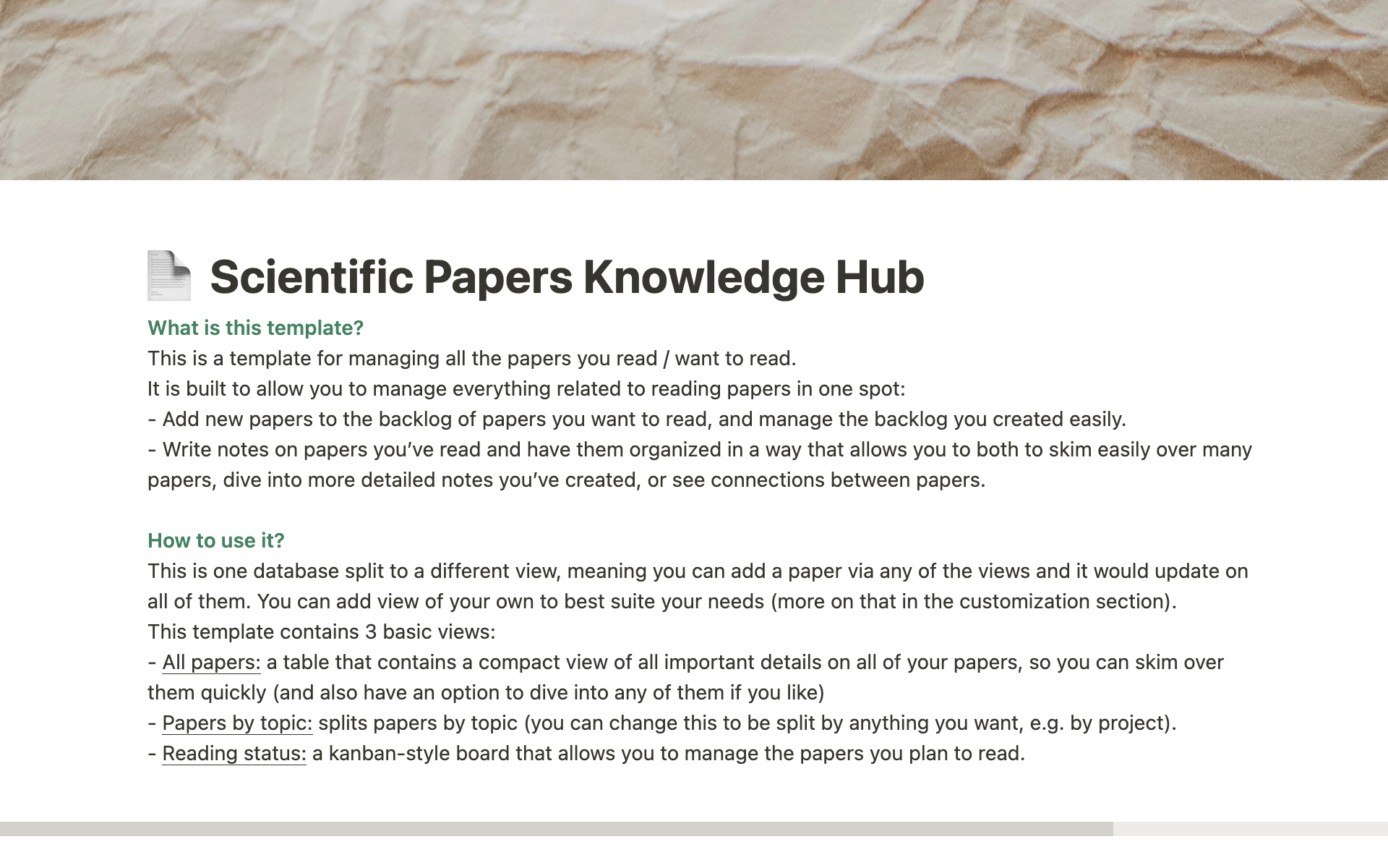 A template preview for Scientific Papers Knowledge Hub