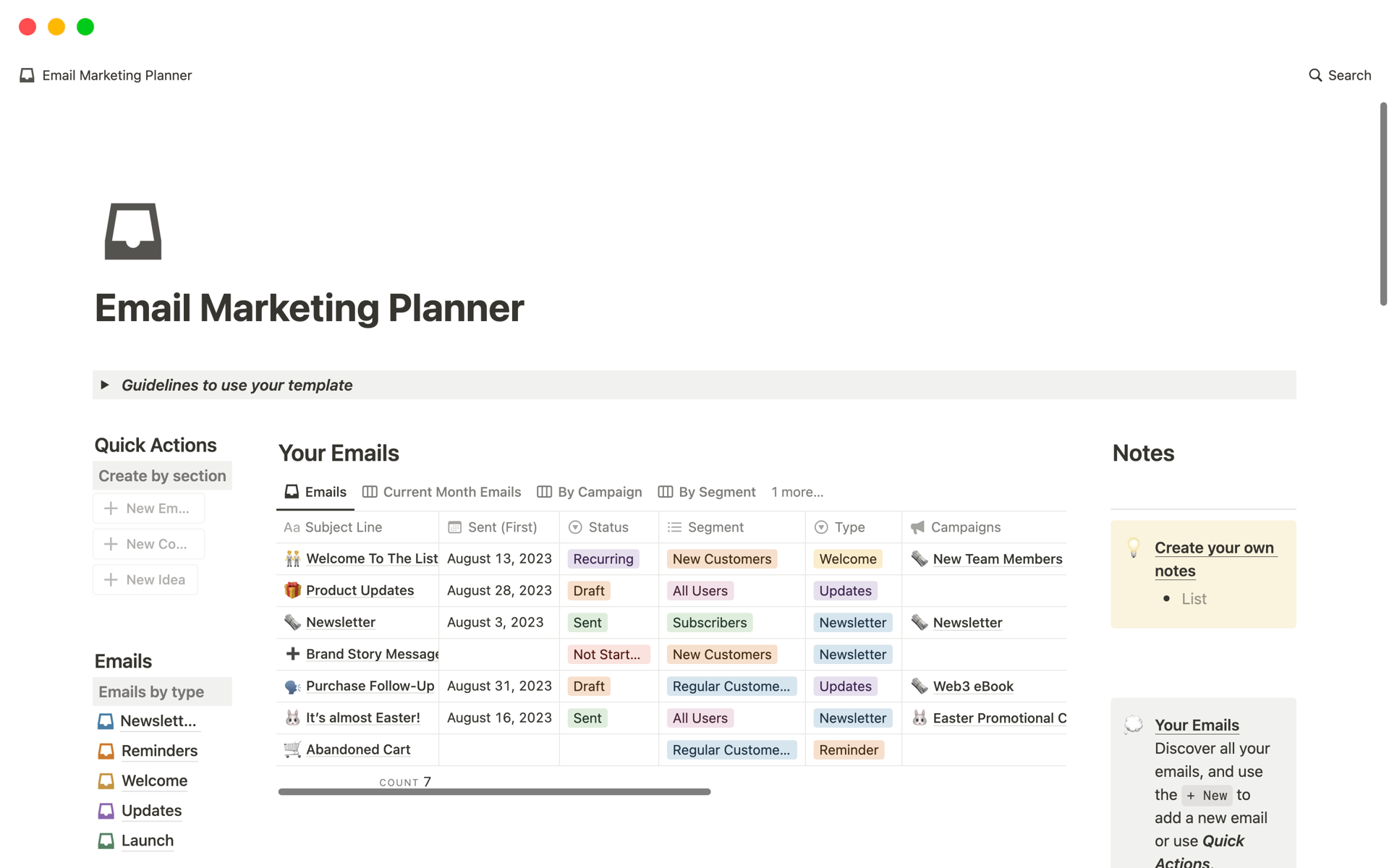 Uma prévia do modelo para Email Marketing Planner