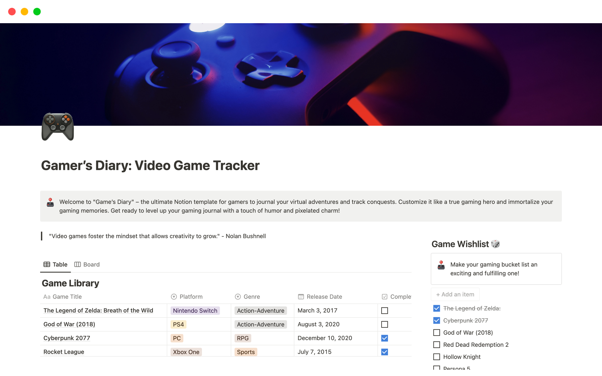 Elevate your gaming with Gamer’s Diary Notion Template – Seamlessly track games, progress, setups, wishlists, and bookmarks for the ultimate gaming adventure! 🚀