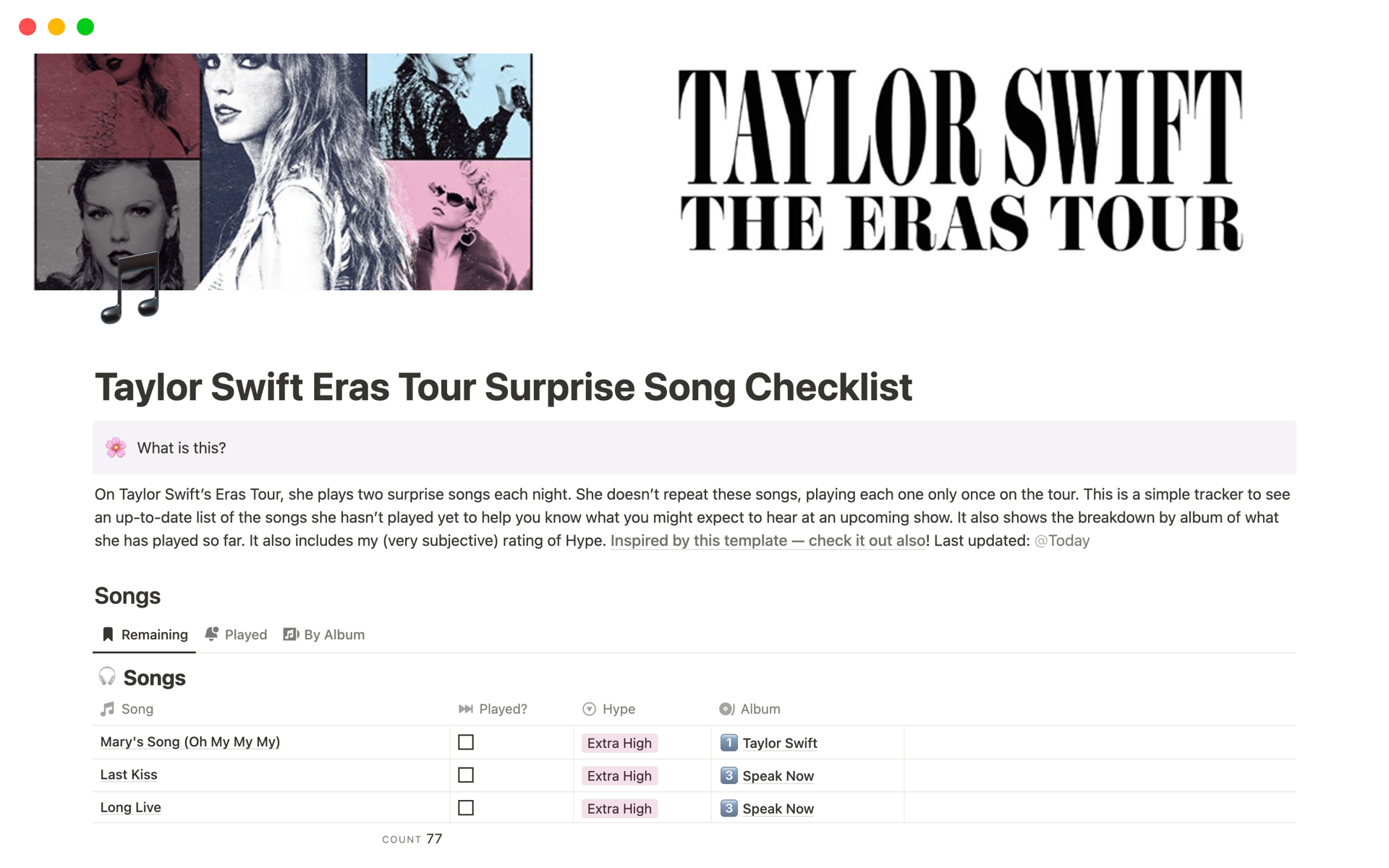 A template preview for Taylor Swift Eras Tour Surprise Song Checklist