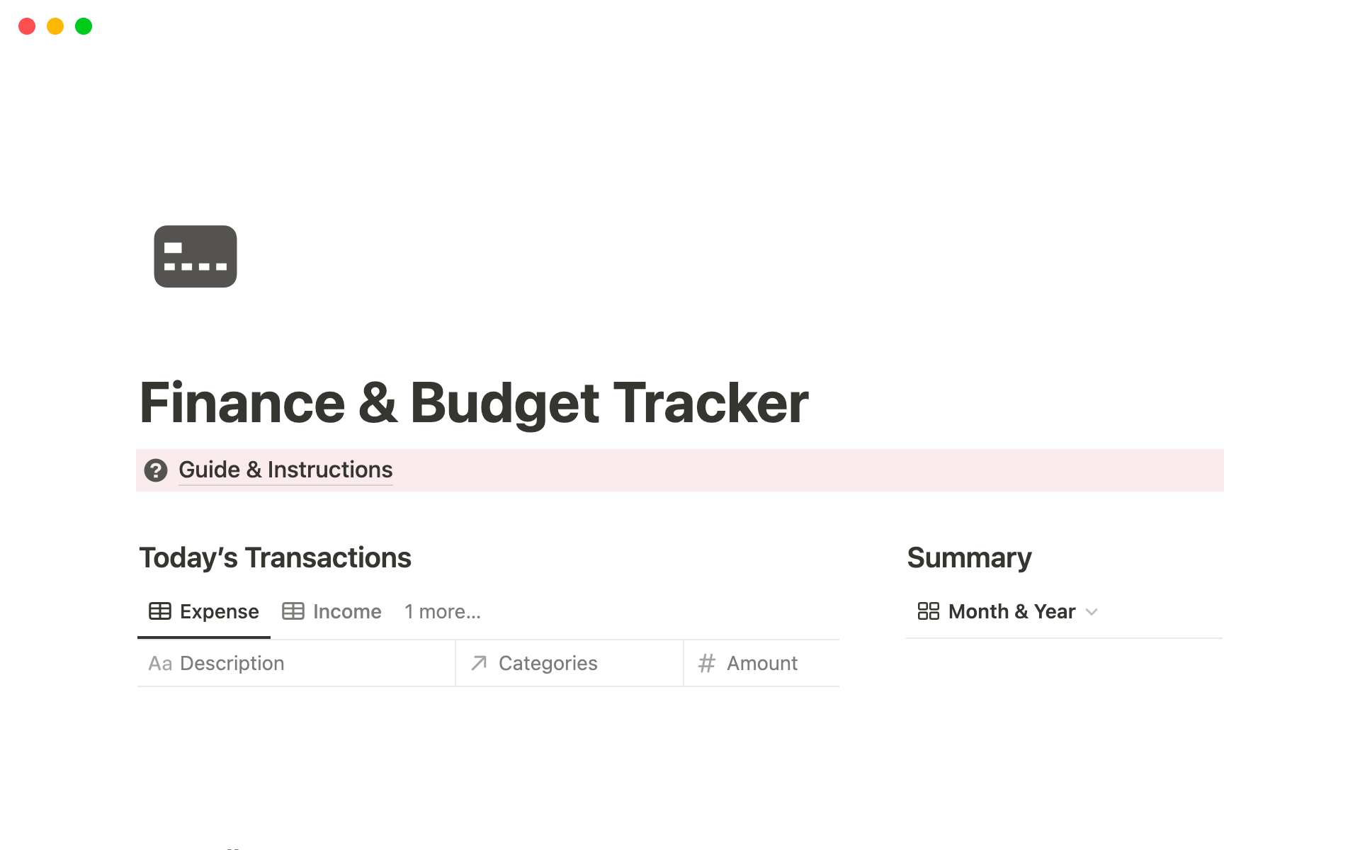 A template preview for Finance & Budget Tracker