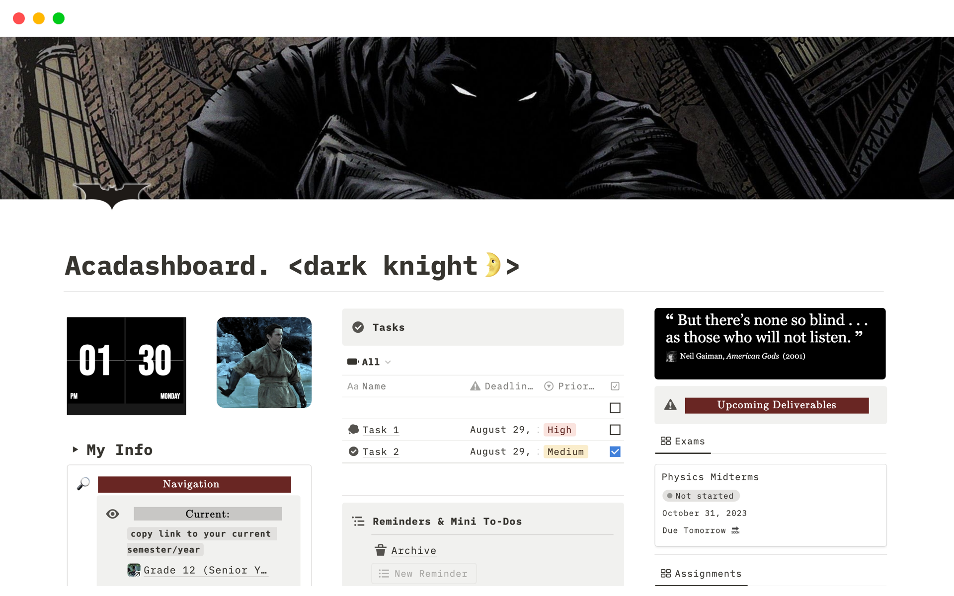 A template preview for Batman Dark Knight Theme Acadashboard: Student OS