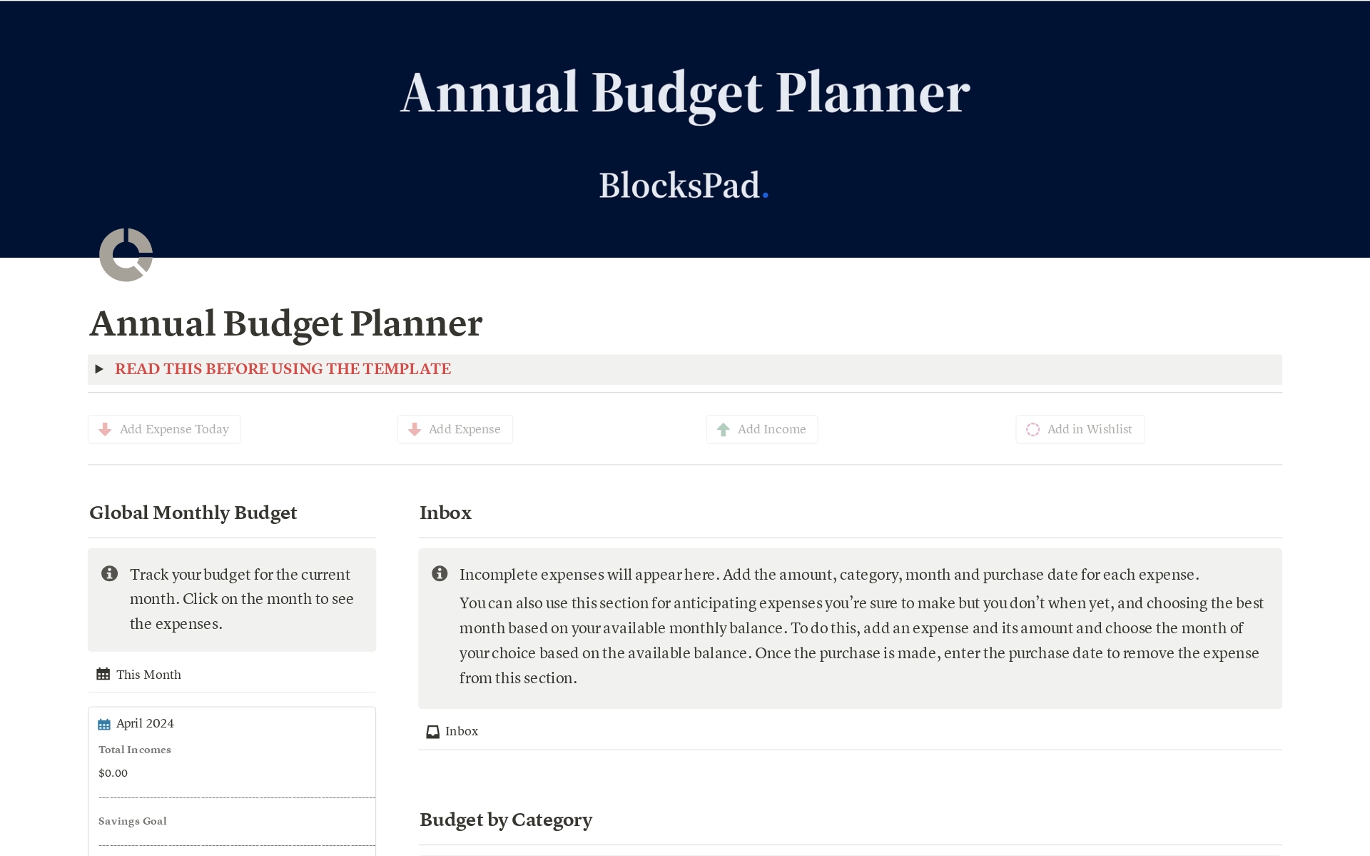 Uma prévia do modelo para Annual Budget Planner