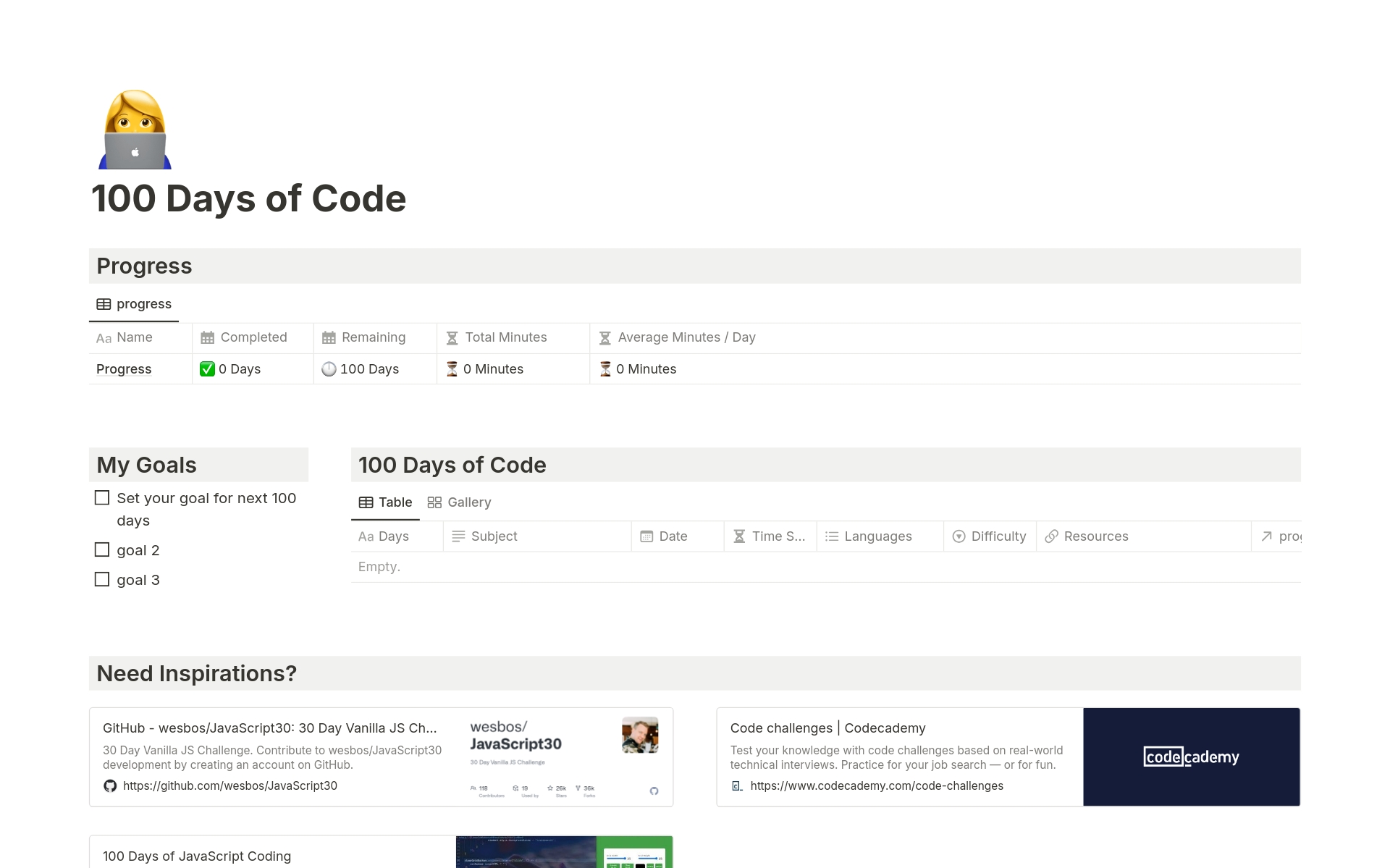 A template preview for 100 Days of Code