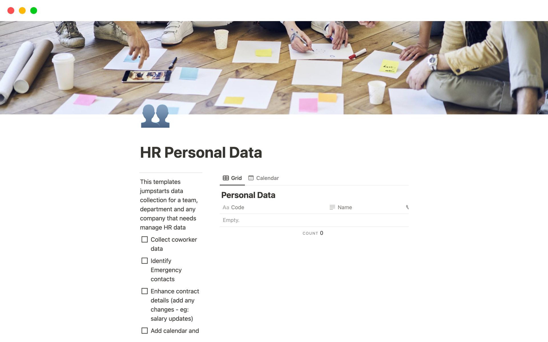 Vista previa de una plantilla para HR Personal Data