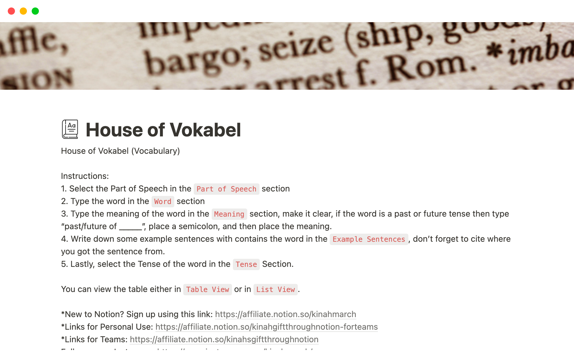 A template preview for House of Vokabel