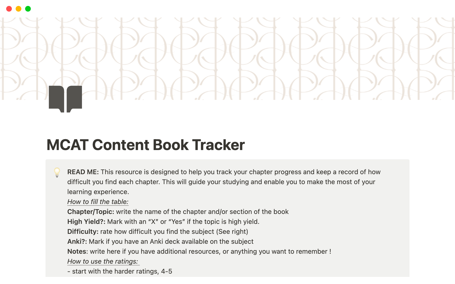 Eine Vorlagenvorschau für MCAT Content Book Tracker