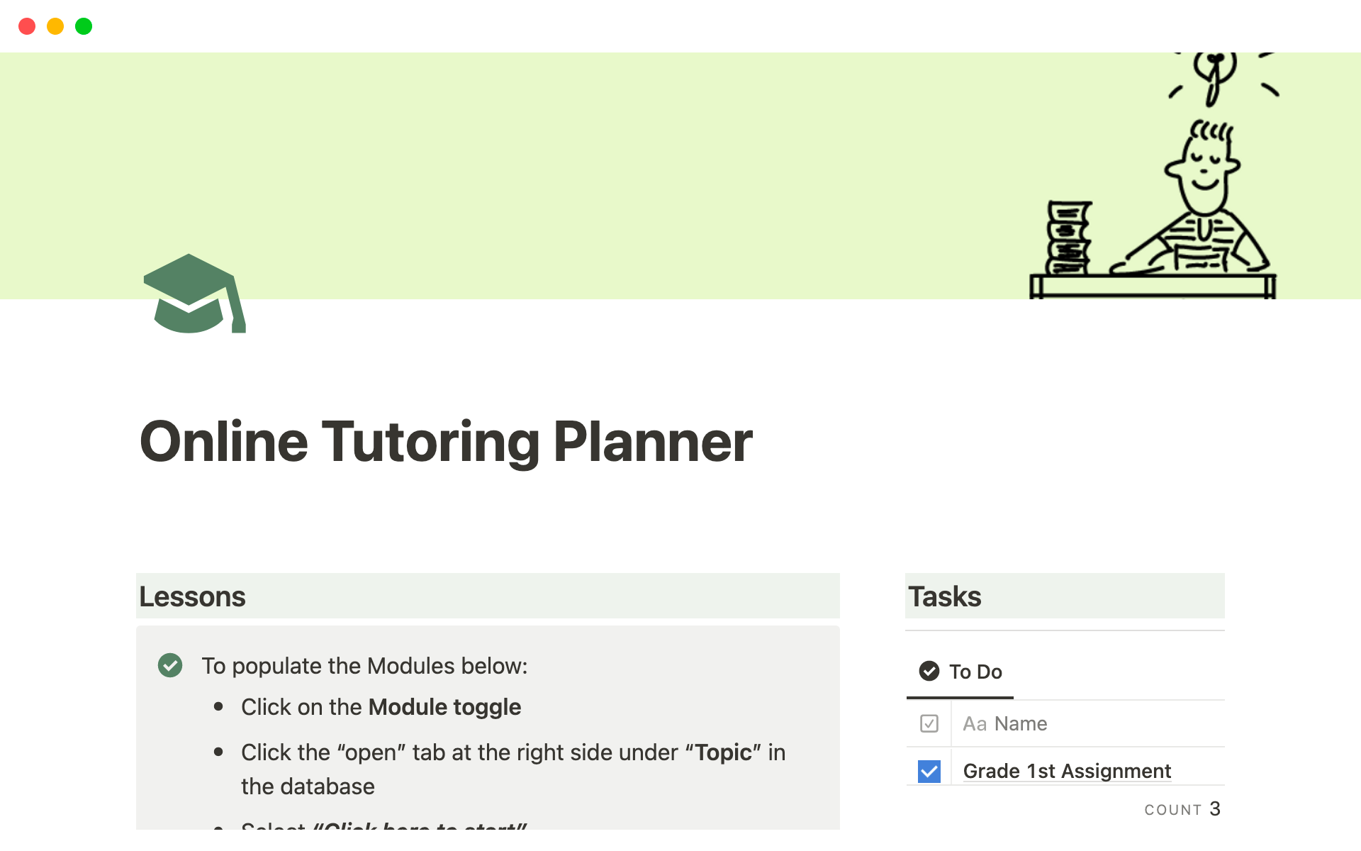 A template preview for Online Tutoring Planner