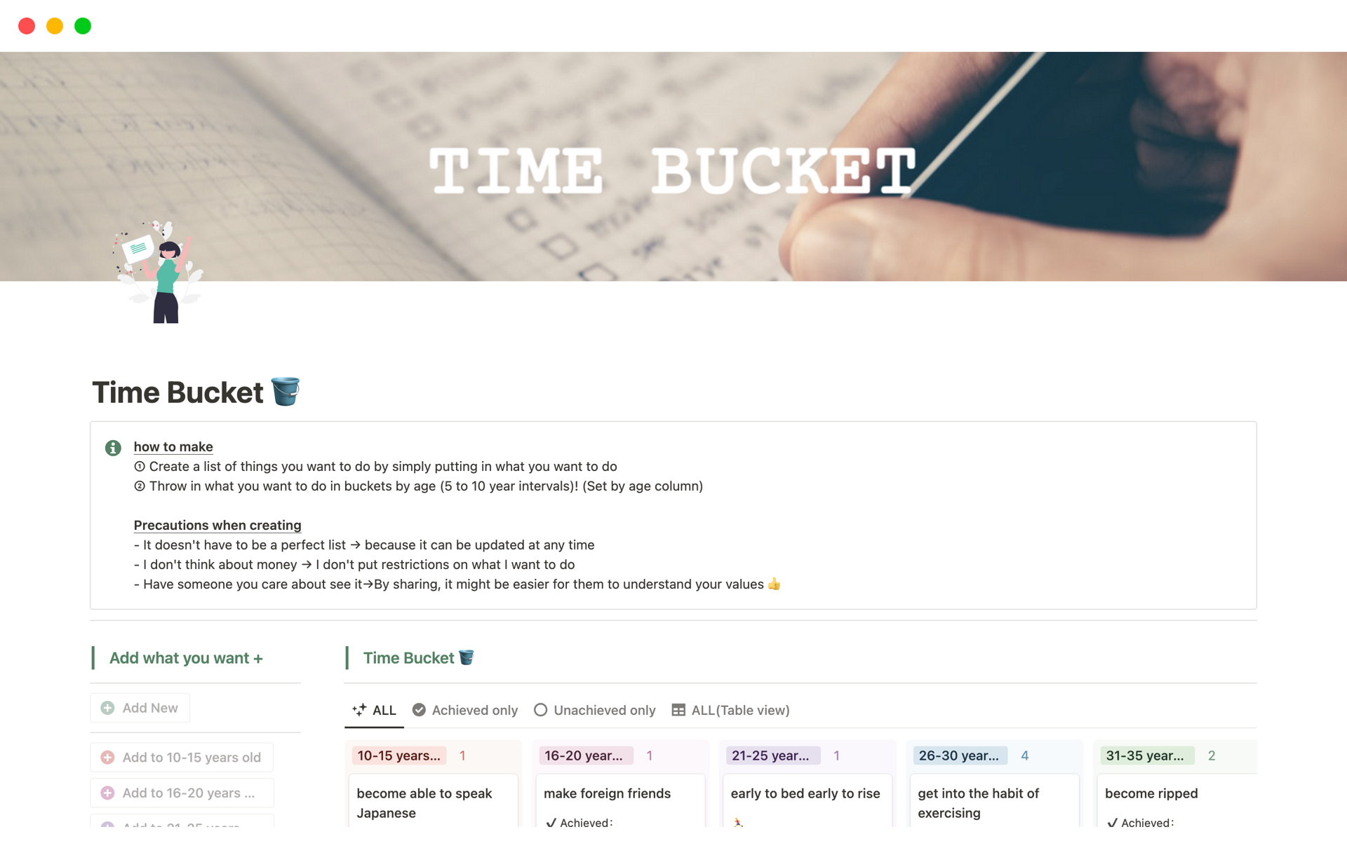 A template preview for Time Bucket